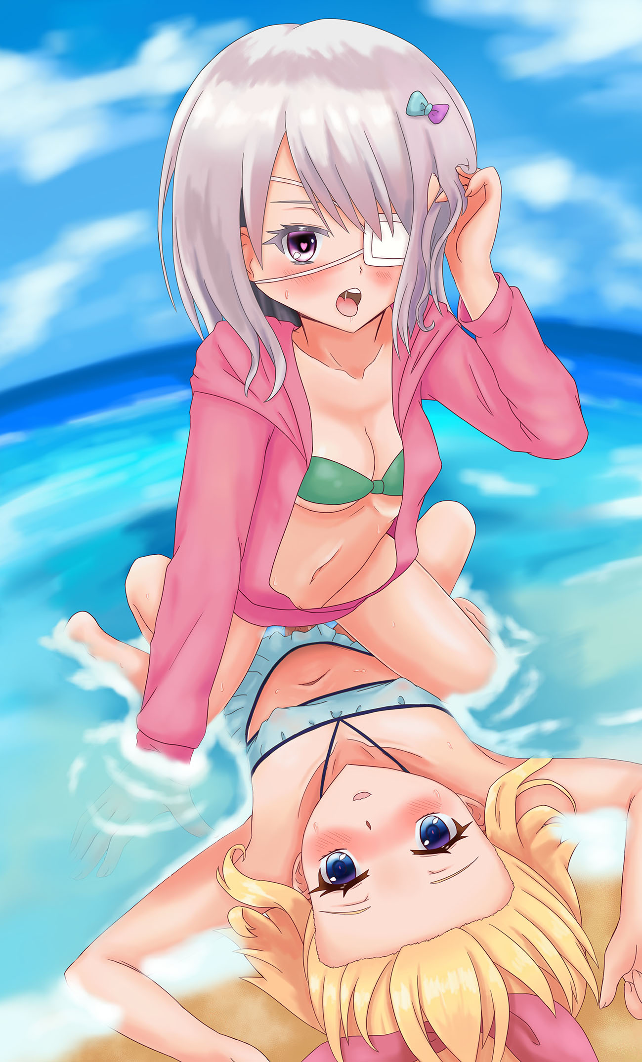 2girls amagai_kosame blonde_hair blue_eyes blush clothing eye_patch female female/female female_penetrated femdom femsub girly heart-shaped_pupils lesbian mahou_shoujo_site nipples penetration penis sex suirenji_kiyoharu tiny_breasts topwear vaginal_penetration water yuri