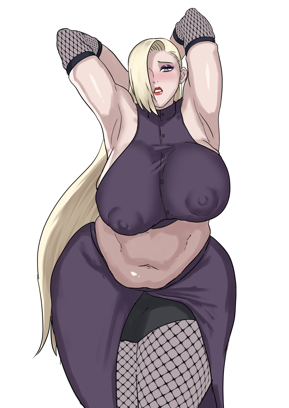 1girls, alternate breast size, armpits, belly, big breasts, blonde hair, blush, breasts, chubby, chubby female, cyberboi, fat, female, fishnet armwear, fishnet pantyhose, huge breasts, ino yamanaka, lipstick, long hair, mature female, naruto, naruto (series), naruto: the last, nipple bulge, solo, standing, thick thighs, voluptuous, white background, wide hips