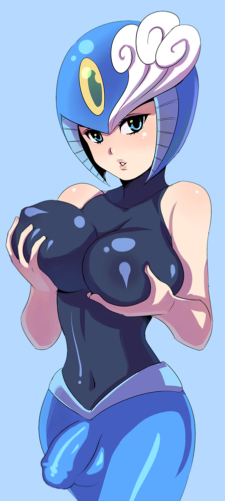 bare_shoulders big_breasts blue_background breast_grab breast_hold breasts dickgirl edit futa_only futanari hips hourglass_figure humanoid jiayulong large_breasts looking_at_viewer mega_man mega_man(classic) simple_background solo splash_woman teasing thick thick_thighs thighs wide_hips