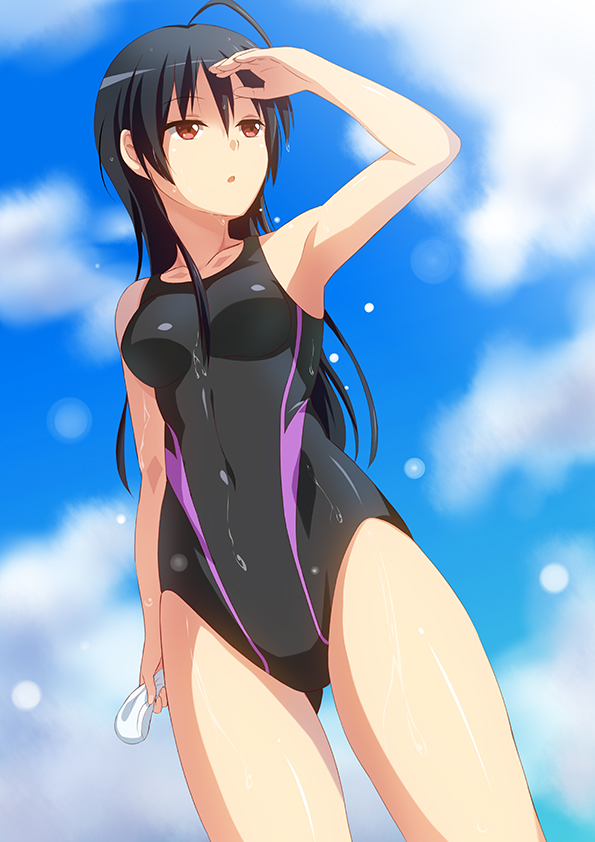 :o ahoge black_hair breasts chuunibyou_demo_koi_ga_shitai! competition_swimsuit covered_navel female female long_hair medium_breasts navel one-piece_swimsuit red_eyes shading_eyes shiwasuzuki sky solo swimsuit takanashi_touka tank_suit