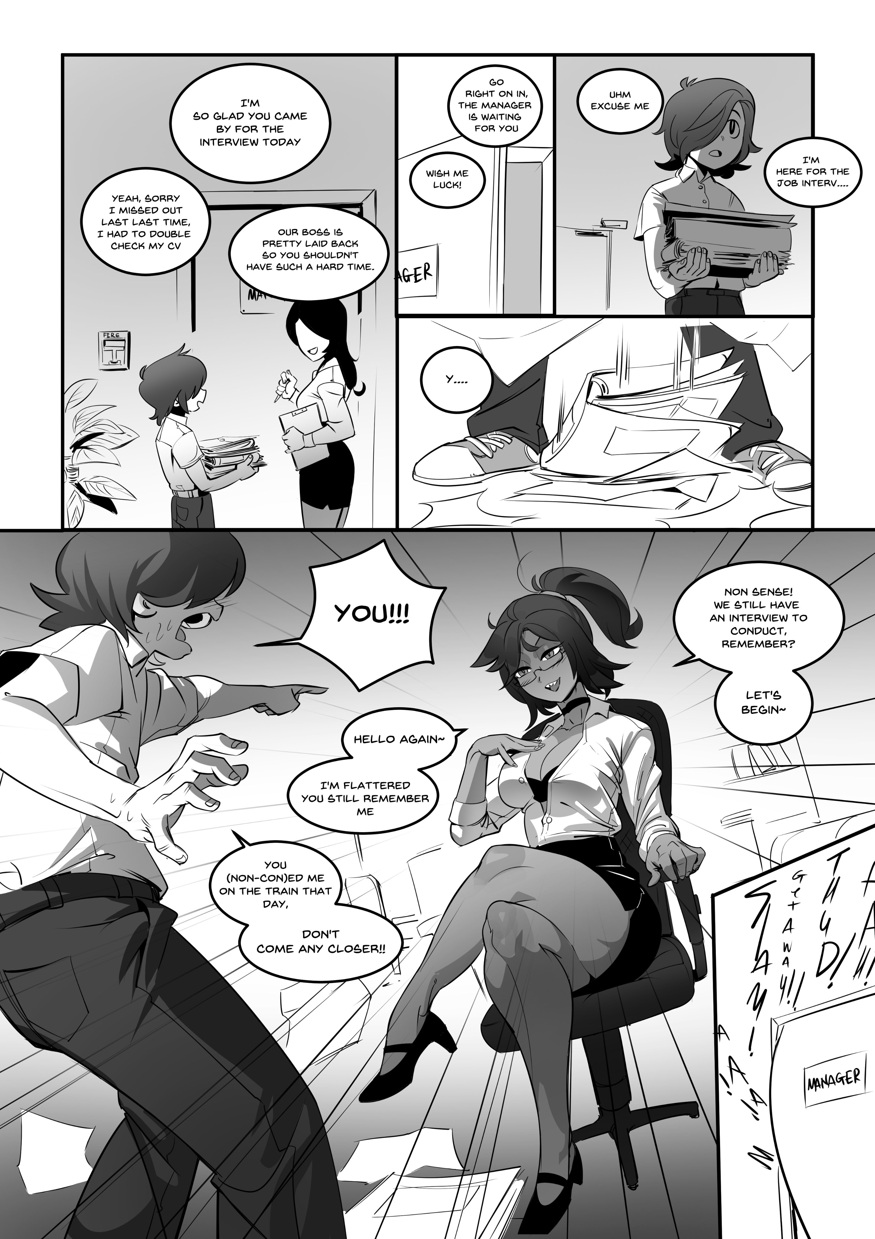 brown body, choker, dark skin, dark-skinned female, english text, female, femboy, glasses, greasymeta, high heels, male, noncon, office chair, office lady, original, pencil skirt, ponytail, sharp teeth, text
