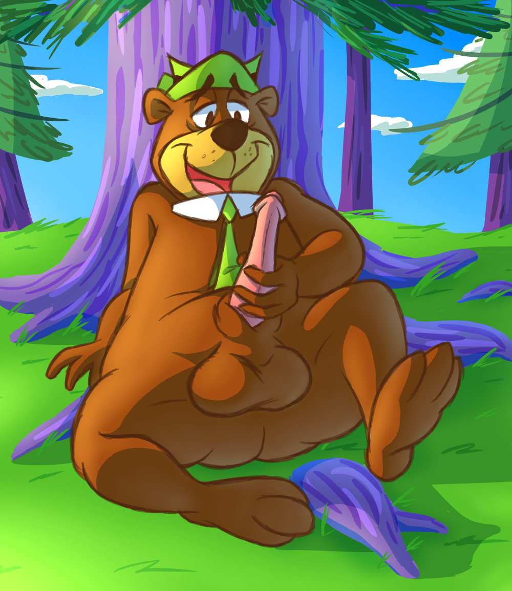 anthro bear brown_eyes brown_fur forest furry hat ladysomnambule male masturbation necktie open_mouth solo tree yogi_bear yogi_bear_(character)