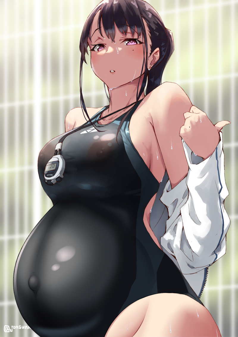 big breasts, black swimsuit, blush, breasts, brown hair, dark hair, female, female only, jonsun, lanyard, mole under eye, nipples visible through clothing, one-piece swimsuit, open jacket, original, pink eyes, ponytail, pregnant, solo, swimsuit, third-party edit, track jacket, wet, wet hair