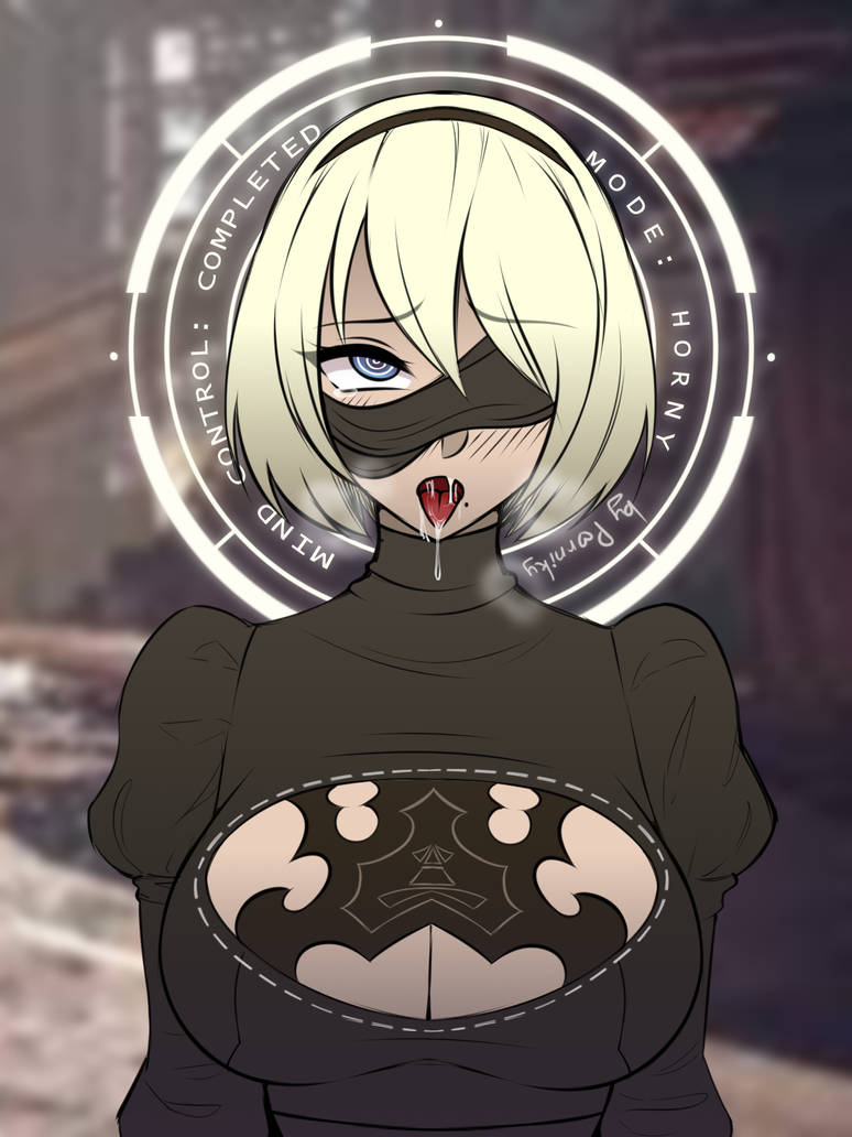 1girls ahegao blindfold brainwashing drool femsub hacked hacking horny_female hypnosis mind_control nier:_automata open_mouth porniky robot_girl short_hair solo spiral_eyes tagme text tongue tongue_out white_hair yorha_2b