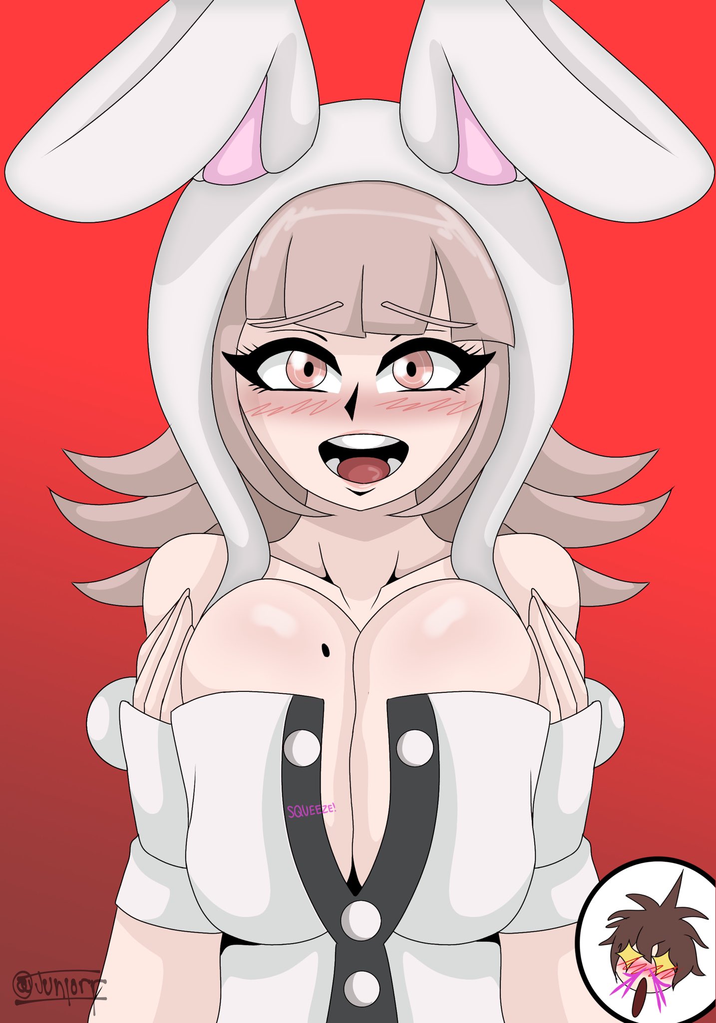 1girls, big breasts, breasts, breasts pressed together, bunny ears, bunny girl, bunnysuit, danganronpa, danganronpa 2: goodbye despair, embarrassed, female, hinata hajime, junior art , looking at partner, nanami chiaki, nosebleed, open mouth, pink eyes, pink hair, smooth skin, surprised, surprised expression