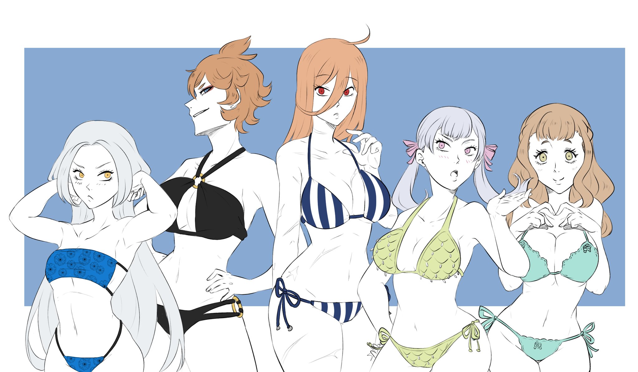 5girls, big breasts, bikini, black clover, blue eyes, blush, breasts, fan character, fat breasts, female, female only, flat belly, flat chested, green eyes, green hair, large breasts, long hair, mereoleona vermillion, mimosa vermillion, multiple females, multiple girls, noelle silva, oc, orange hair, original character, original characters, pi koneko, purple eyes, red eyes, royal, short hair, silver hair, small breasts, smile, smiling, swimsuit, thick thighs, thighs, twintails, white hair, yellow eyes