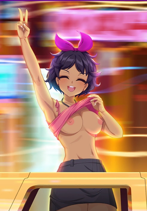 1girls black_hair breasts car closed_eyes crush_crush female female_focus female_only flashing flashing_breasts game_cg lotus_(crush_crush) nipples nutaku open_mouth peace_sign sad_panda_studios smile smiling top_lift