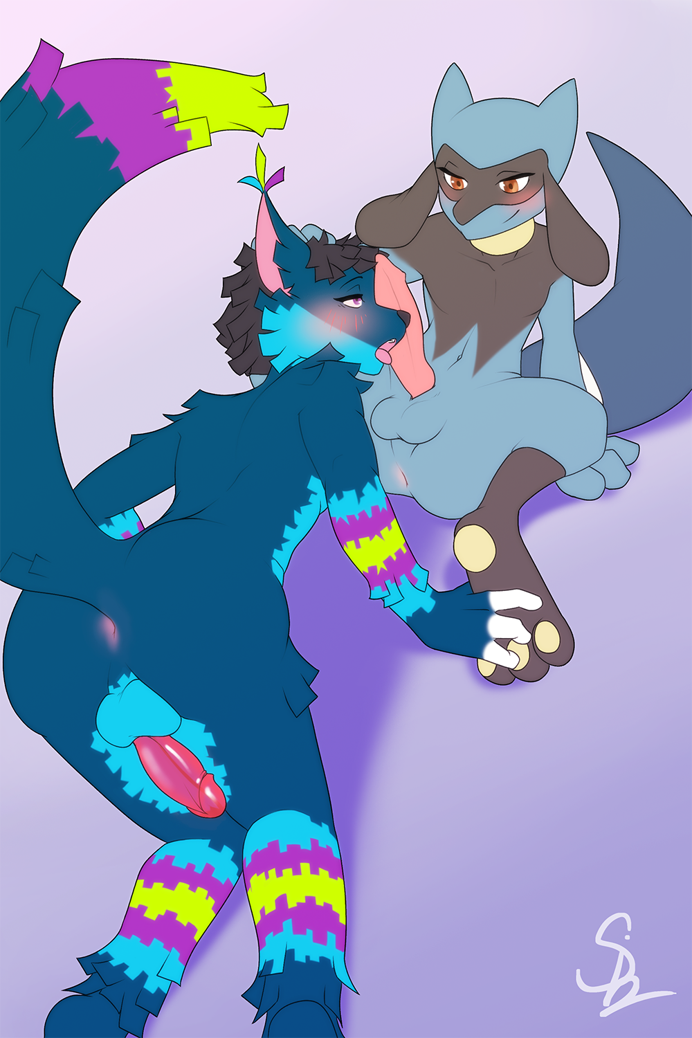 2boys anal animate_inanimate anthro duo erection genitals hi_res living_piñata male male/male nintendo oral penis piñata pokémon_(species) pokemon riolu siamkhan tongue tongue_out video_games