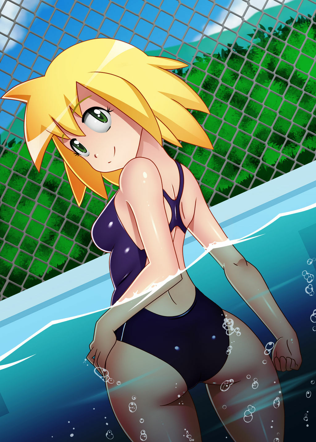 1girls 2022 ass back blonde_hair chacrawarrior green_eyes looking_back mega_man mega_man_legends one-piece_swimsuit pool roll_caskett solo_female swimsuit thigh_gap