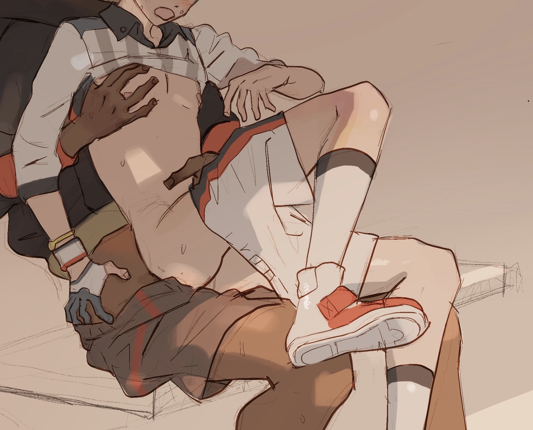2boys, anal, anal sex, blush, clothed sex, dark skin, dark-skinned male, gloves, male, nintendo, nipples, pants pulled down, pokemon, pokemon ss, raihan (pokemon), raised shirt, shoes, shorts, sweatdrop, victor (pokemon), white-skinned male, yaoi