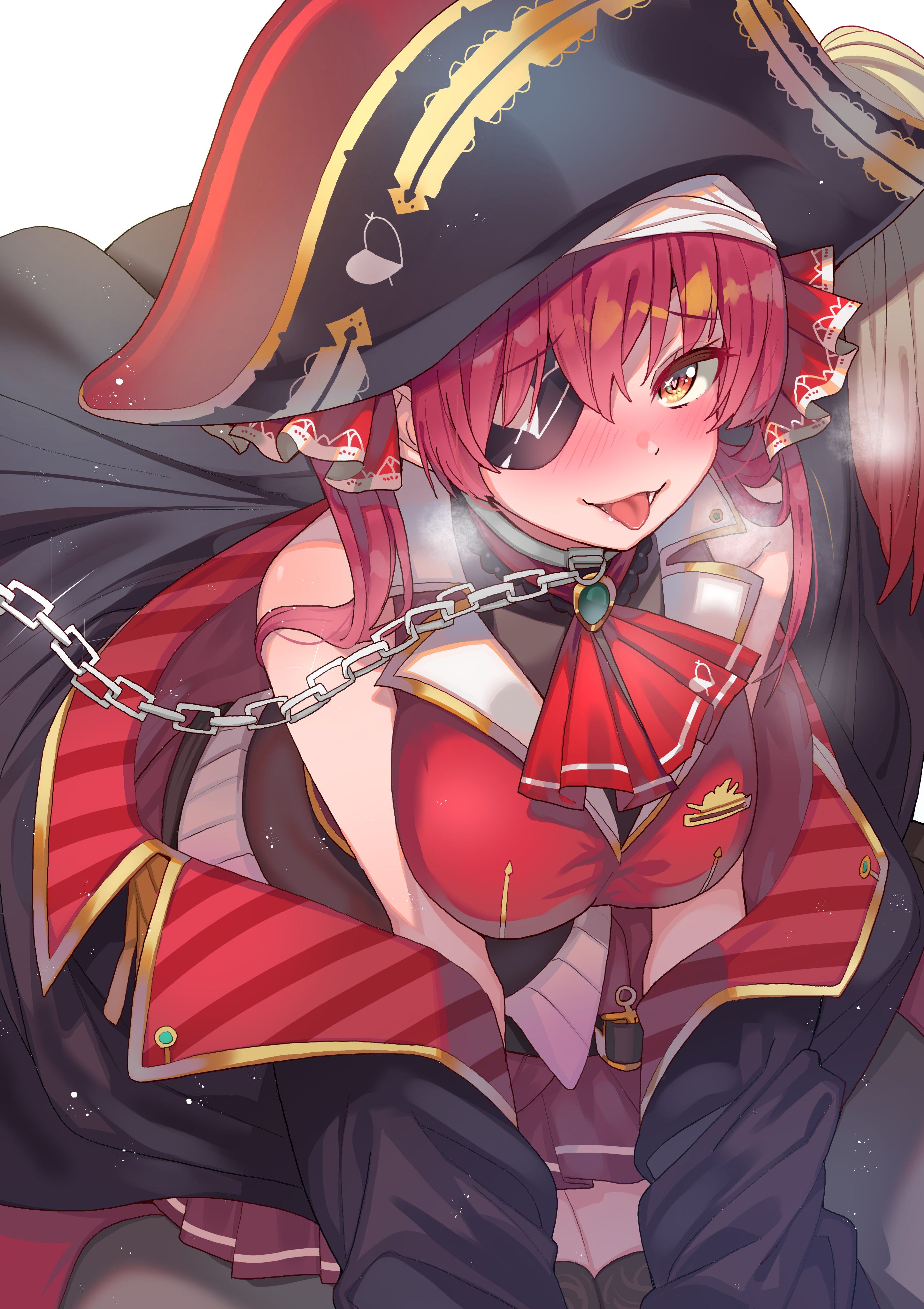 1girls, bangs, bare shoulders, big breasts, blush, blushing, bondage, breasts, chains, choker, collar, eye patch, female, female only, hair ribbon, heart-shaped pupils, hololive, hololive fantasy, hololive japan, houshou marine, jacket, jacket partially removed, kaipov ilnar, looking at viewer, panting, pink hair, pirate, red eyes, seductive look, seductive smile, sex slave, smile, smiling, solo, tongue, tongue out, twintails, virtual youtuber, white background