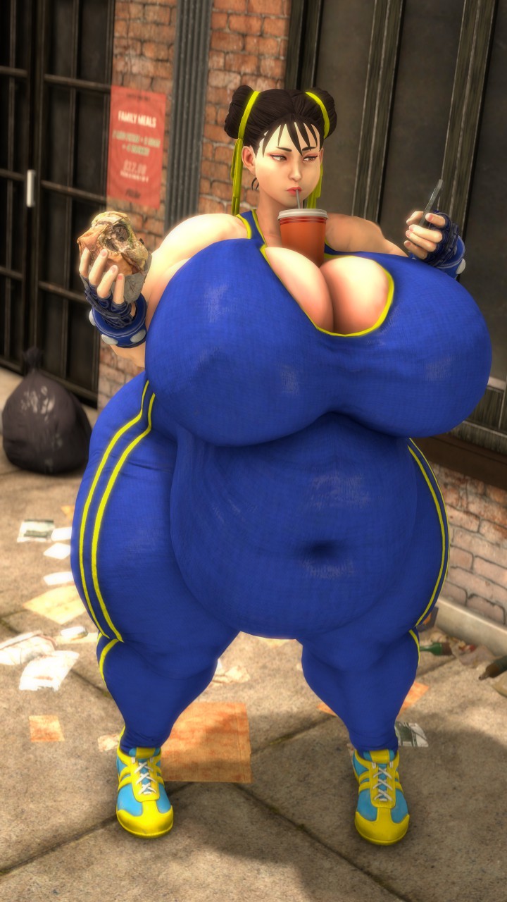 1girls 3d asian asian_female bbw belly big_belly big_breasts breasts burger capcom chun-li cleavage eating fat female female_only food morbidly_obese obese overweight overweight_female rattledbonezone skintight solo solo_female ssbbw street_fighter street_fighter_alpha street_fighter_v strongfat thick_thighs thunder_thighs weight_gain