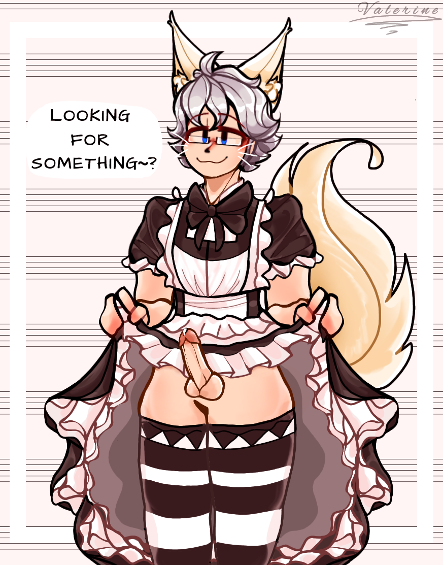 1boy artist_name femboy fox_ears fox_tail maid presenting_penis roblox roblox_avatar source_request tagme valerine white_hair