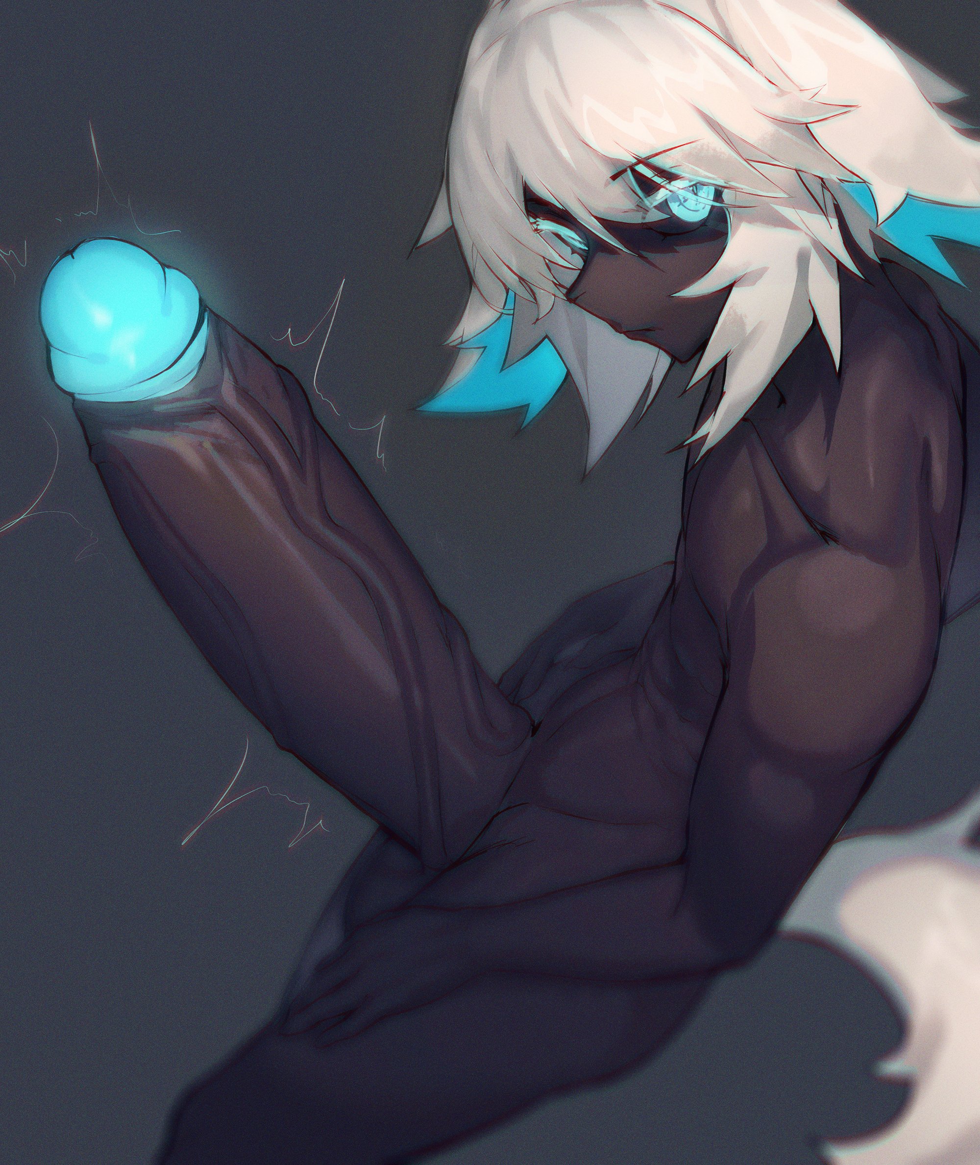 1boy, balls, big penis, black body, blue eyes, blue hair, gay, gay male, glowing penis, huge penis, looking at viewer, male, male only, original, original character, penis, short hair, solo, solo male, tail, veiny penis, white hair, white tail, xeono, yaoi