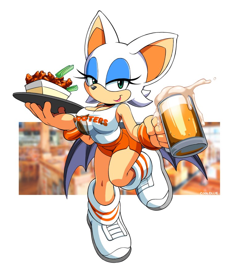 beer, cool dude (artist), coolblue, female, food, hooters, nipples visible through clothing, rouge the bat, shorts, sonic (series), tanktop, waitress