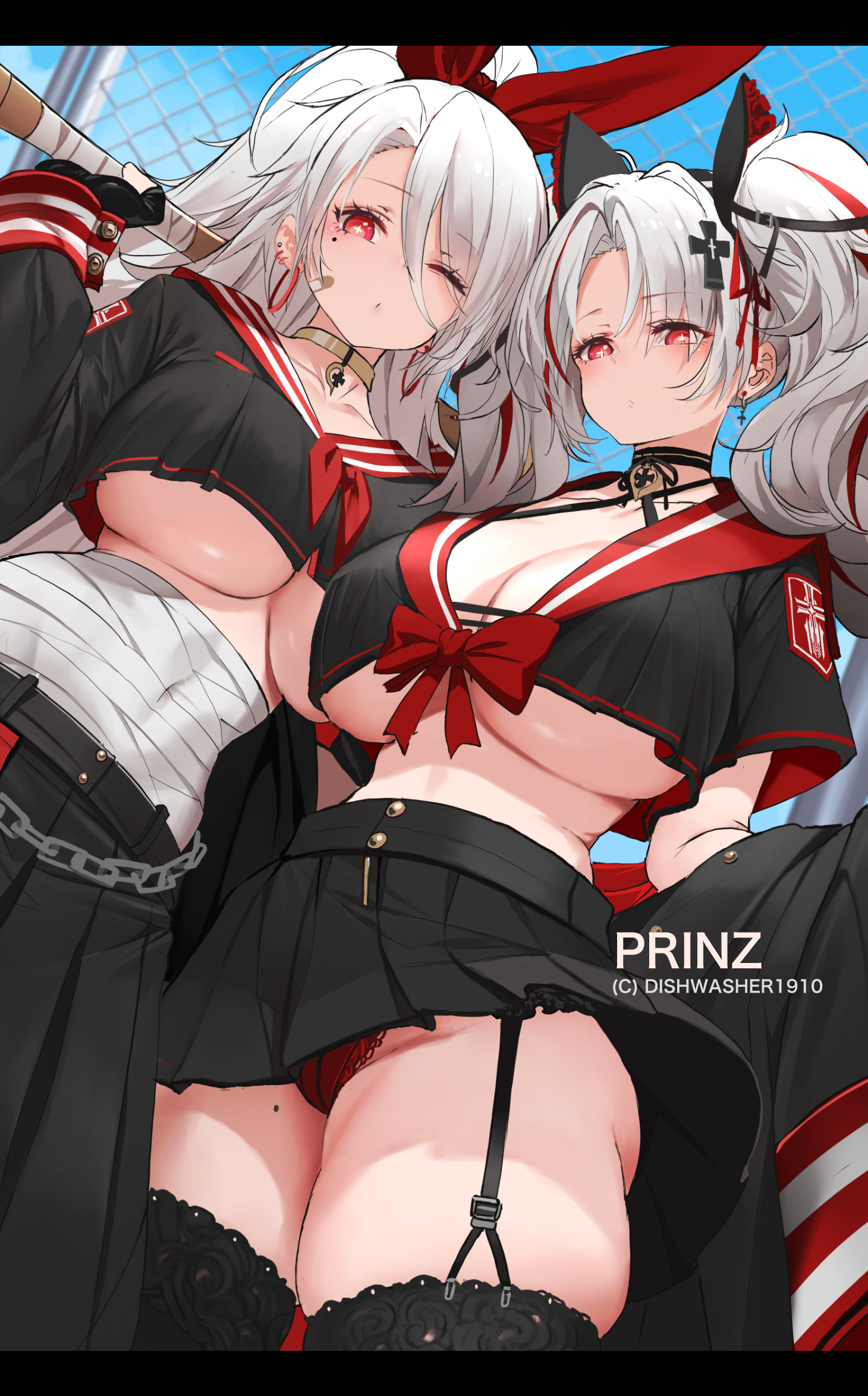 2021, 2girls, artist signature, azur lane, baseball bat, beauty mark, black clothing, breasts, choker, dishwasher1910, female, female only, garter straps, hair ornament, hi res, holding object, huge breasts, iron blood (azur lane), light blush, long hair, looking at viewer, looking down, low-angle view, mole under eye, outdoors, pantyshot, picot trim, picot trim panties, ponytail, prinz adalbert (azur lane), prinz heinrich (azur lane), red eyes, red panties, sailor collar, sailor uniform, school uniform, serafuku, thick thighs, thighhighs, thighs, twintails, underboob, white hair