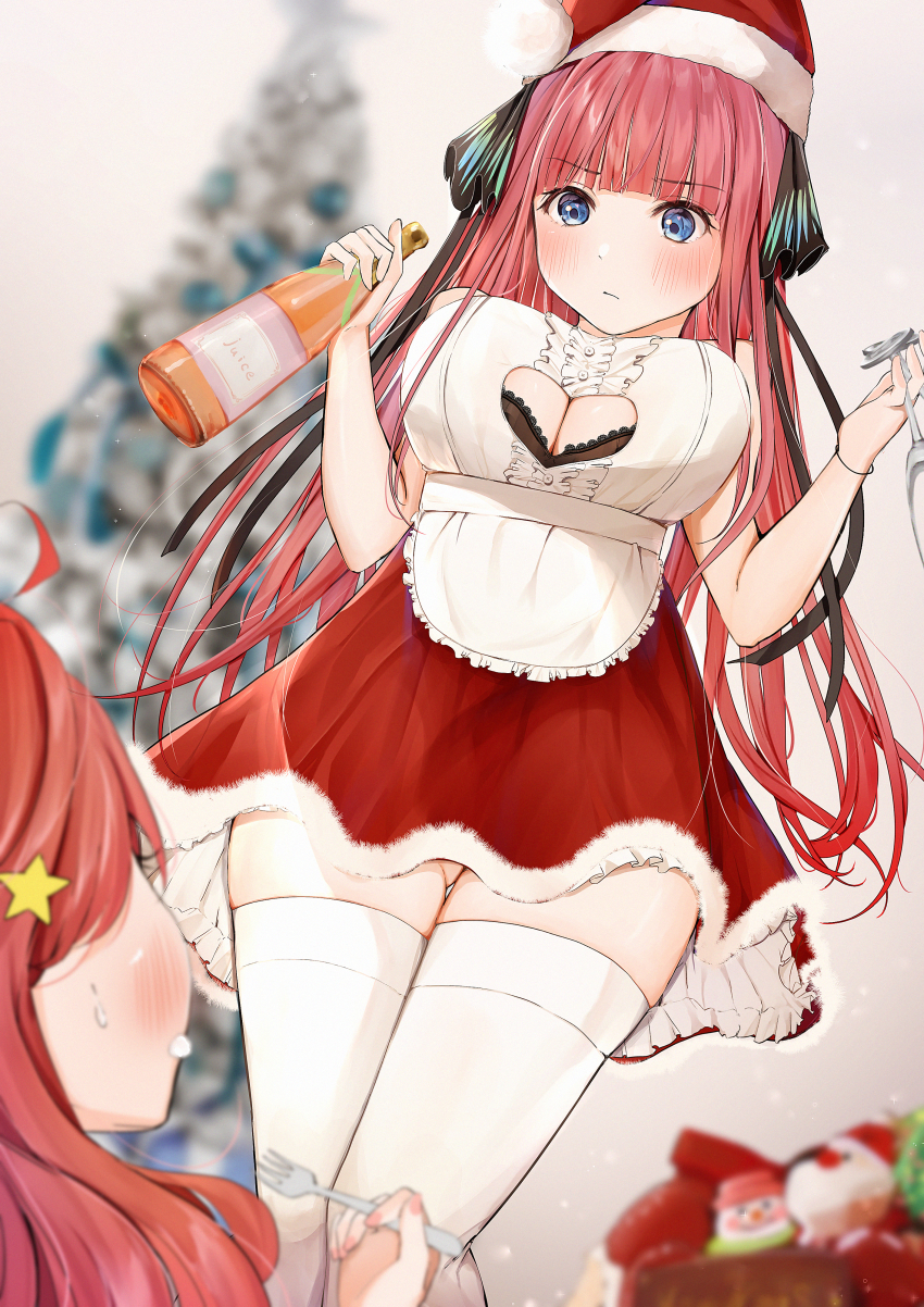 blue eyes, blush, breasts, christmas, christmas ornaments, christmas tree, cleavage, drunk, female, go-toubun no hanayome, huge breasts, long hair, nakano itsuki, nakano nino, pink hair, red hair, red skirt, santa costume, santa hat, thick thighs, thighhighs, thighs, uncensored, underwear, white stockings