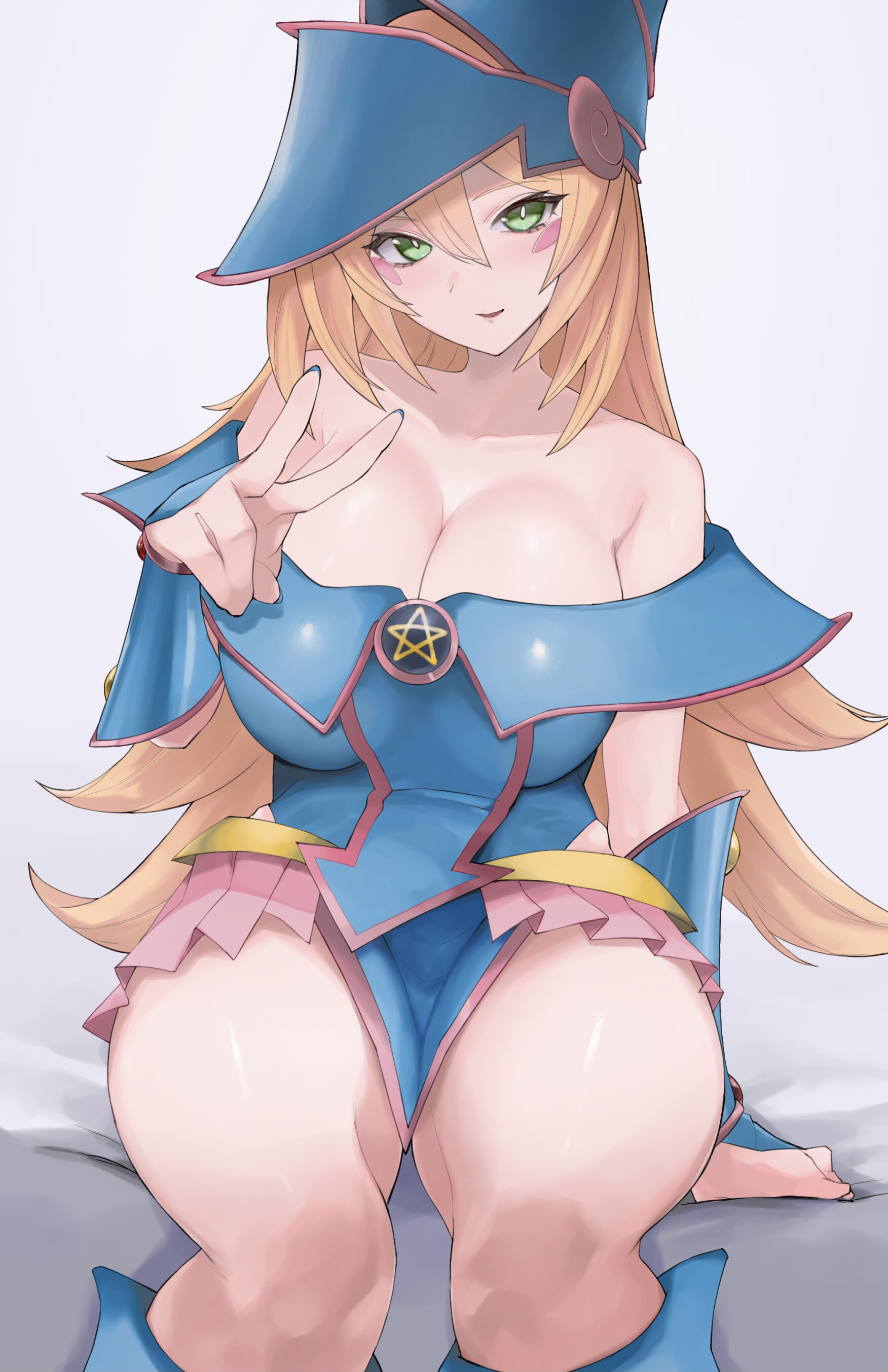 1girls, 2021, areolae, arm support, armwear, bare shoulders, big breasts, blonde hair, blush, breasts, cleavage, clothed, clothed female, dark magician girl, female, female only, green eyes, grey background, hat, headgear, high resolution, hips, huge breasts, kataku musou, large hat, long hair, looking at viewer, painted nails, peace sign, shoes, simple background, sitting, sitting on bed, skirt, slim waist, smile, thick thighs, thighs, v, wide hips, witch hat, yu-gi-oh!