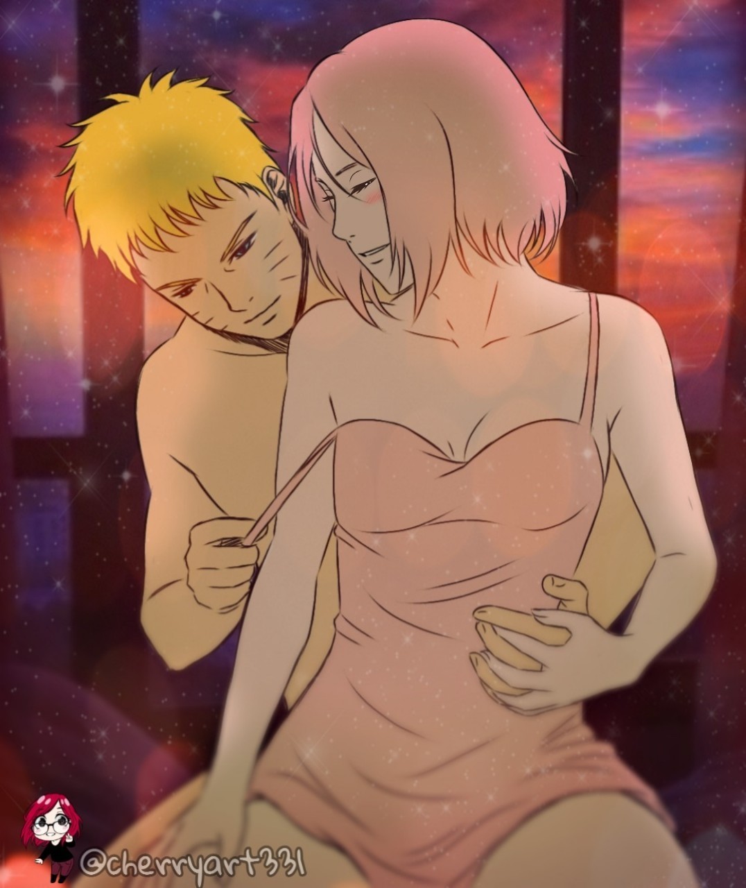 1boy, 1girls, before sex, between legs, blonde hair, blue eyes, blush, boruto: naruto next generations, breasts, cherryart331, closed eyes, clothed female nude male, dress, duo, dusk, female, happy, holding hands, kneeling, male, male/female, naruto, naruto (series), off shoulder, pajamas, pink hair, sakura haruno, short hair, sitting, sitting on lap, sitting on person, smile, strap pull, strap slip, sunset, undressing, undressing another, undressing partner, uzumaki naruto