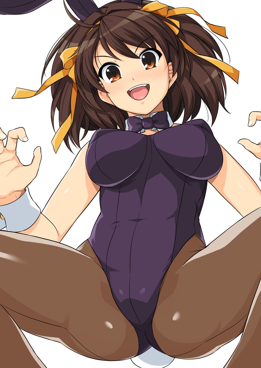 1girls, ass, breasts, bunnysuit, clothing, fake animal ears, female, haruhisky, leotard, pantyhose, small breasts, solo, spread legs, suzumiya haruhi, suzumiya haruhi no yuuutsu, tagme
