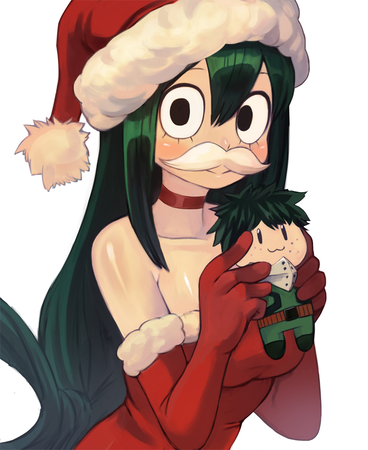 1girls :3 bare_shoulders christmas christmas_clothing christmas_outfit costume fake_mustache female female_focus female_only green_hair izuku_midoriya long_hair my_hero_academia plushie plushification red_dress santa_costume santa_hat solo solo_female sookmo source_request strapless_dress tight_clothing tsuyu_asui wholesome