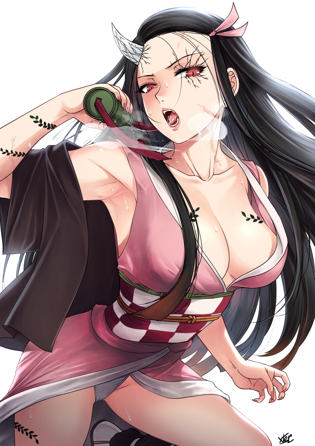 aged_up armpit armpit_fetish big_breasts black_hair body_markings cleavage demon_girl demon_slayer fangs female female_only gag_bondage gag_removed hair_ribbon haori horn kamado_nezuko kimetsu_no_yaiba kimono long_hair looking_at_viewer no_bra obi open_mouth panties red_eyes saliva_trail sharp_fingernails sleeveless slit_pupils solo sweat visible_breath white_panties xtermination