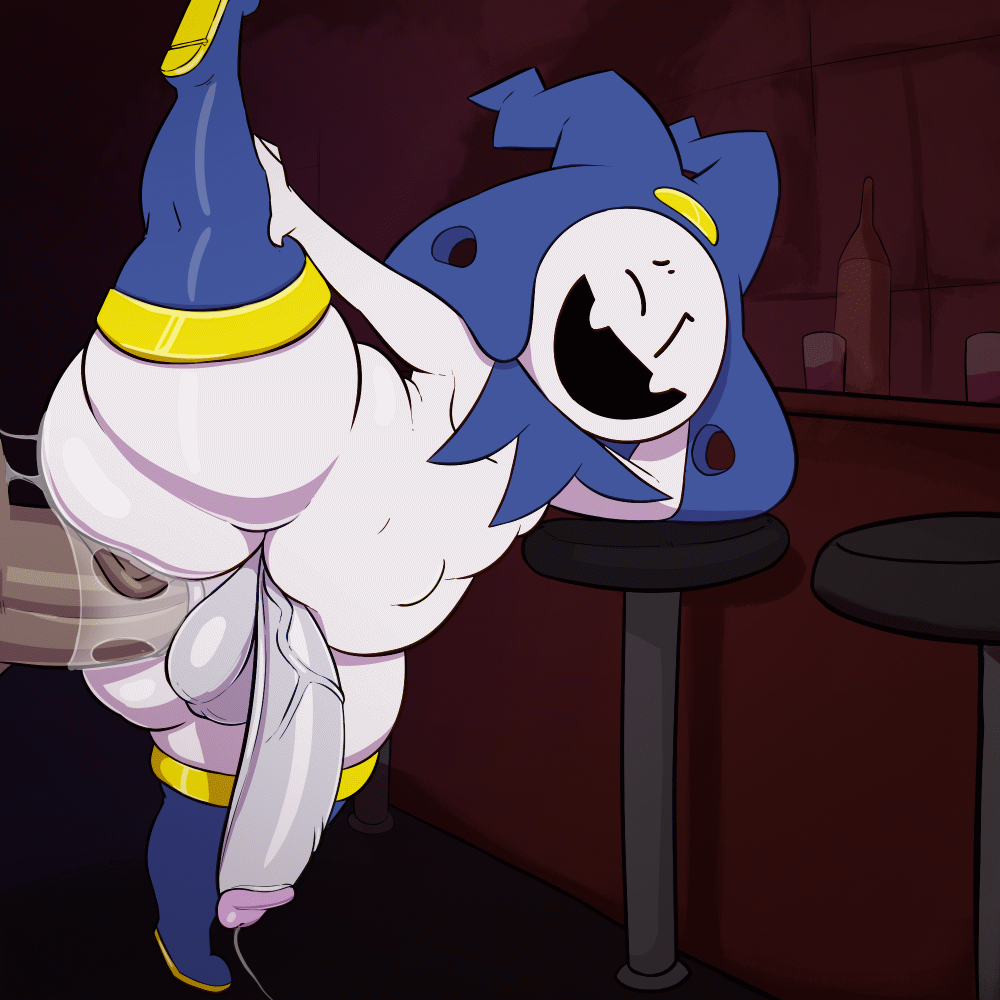 alternate version available, anal tugging, animated, ass, bar, big ass, big penis, chair, clothing, cum, dark skin, dark-skinned male, gay, jack frost (megami tensei), kingofacesx, looking pleasured, male, male only, male/male, penis, shin megami tensei, shortstack, snowman, thick thighs