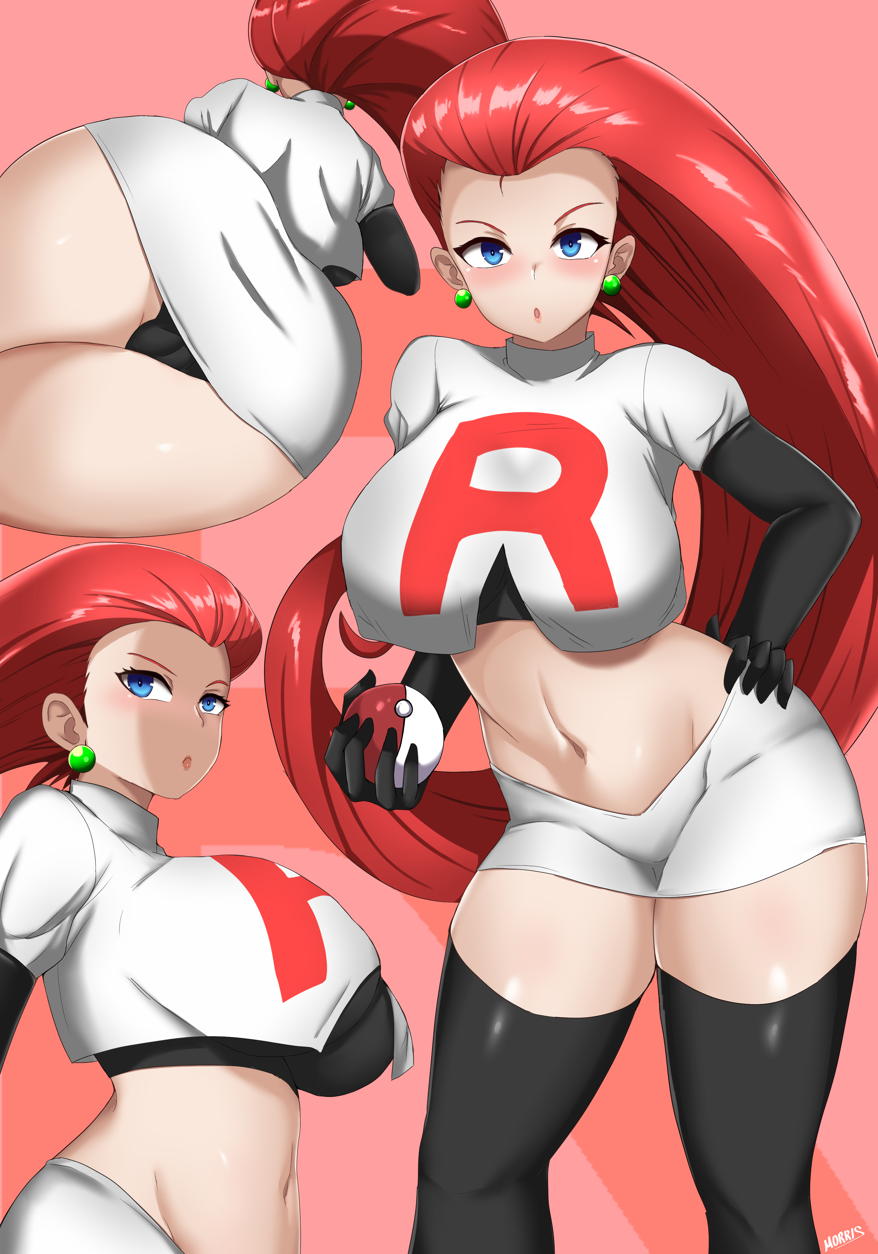 :o, 2021, absurdres, ass, ass focus, big ass, big breasts, black gloves, black panties, black thighhighs, black underwear, blue eyes, blush, breasts, female, jessie (pokemon), long gloves, long hair, looking at viewer, midriff, morris, navel, nintendo, pokeball, pokemon, pokemon (anime), pussy, pussy visible through clothes, red background, red hair, short skirt, simple background, team rocket, thick thighs, white shirt, white skirt