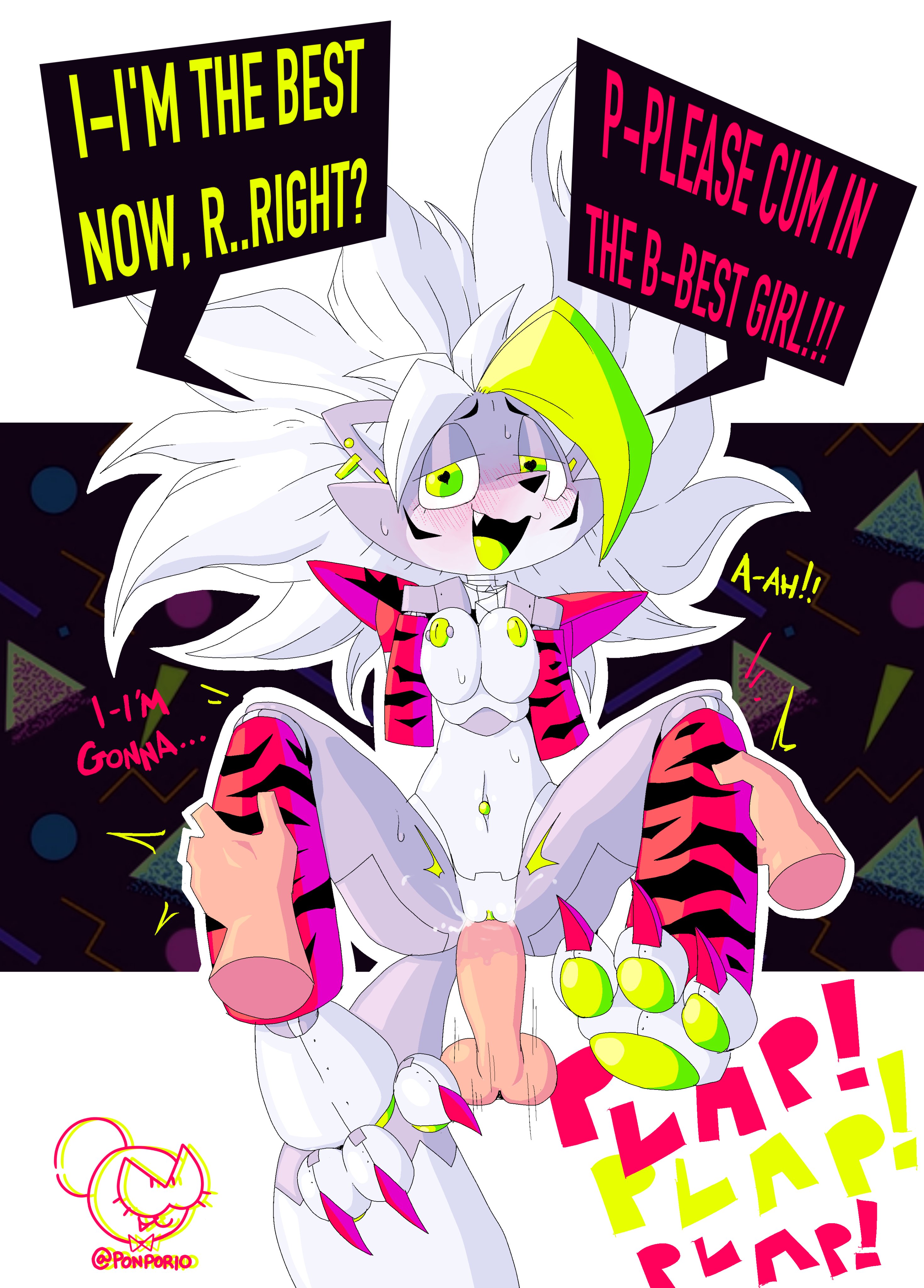 <3 eyes, 1girls, absurd res, animal print, animatronic, anthro, areola, arm warmers, armwear, balls, bedroom eyes, begging, big penis, black eyebrows, black nose, black pupils, blush, blush lines, bodily fluids, breasts, canid, canine, canis, cheek tuft, claws, clothing, dialogue, disembodied hand, disembodied penis, duo, ear clip, ear piercing, english text, eyebrows, facial tuft, feet in camera, female, female penetrated, first person view, five nights at freddy's, five nights at freddy's: security breach, fur, furry, genital fluids, genitals, glistening, glistening areola, green areola, green eyes, green hair, green nipples, green pawpads, green pussy, green tongue, hair, half-closed eyes, heart, hi res, holding legs, humanoid, humanoid penetrating, humanoid penetrating female, inverted nipples, leg warmers, legwear, light body, light skin, long hair, lying, machine, male, male penetrating, male penetrating female, male/female, mammal, missionary position, moan, multicolored hair, narrowed eyes, navel, navel piercing, nipple piercing, nipples, on back, on ground, onomatopoeia, open mouth, open smile, pawpads, paws, penetration, penis, piercing, ponporio (artist), pupils, pussy, pussy juice, robot, roxanne wolf (fnaf), scottgames, seductive, sex, shoulder pads, small breasts, smile, sound effects, speech bubble, sweat, sweatdrop, tail, text, tiger print, tongue, tuft, two-tone hair, vaginal penetration, video games, watermark, wavy mouth, white hair, white inner ear, wolf