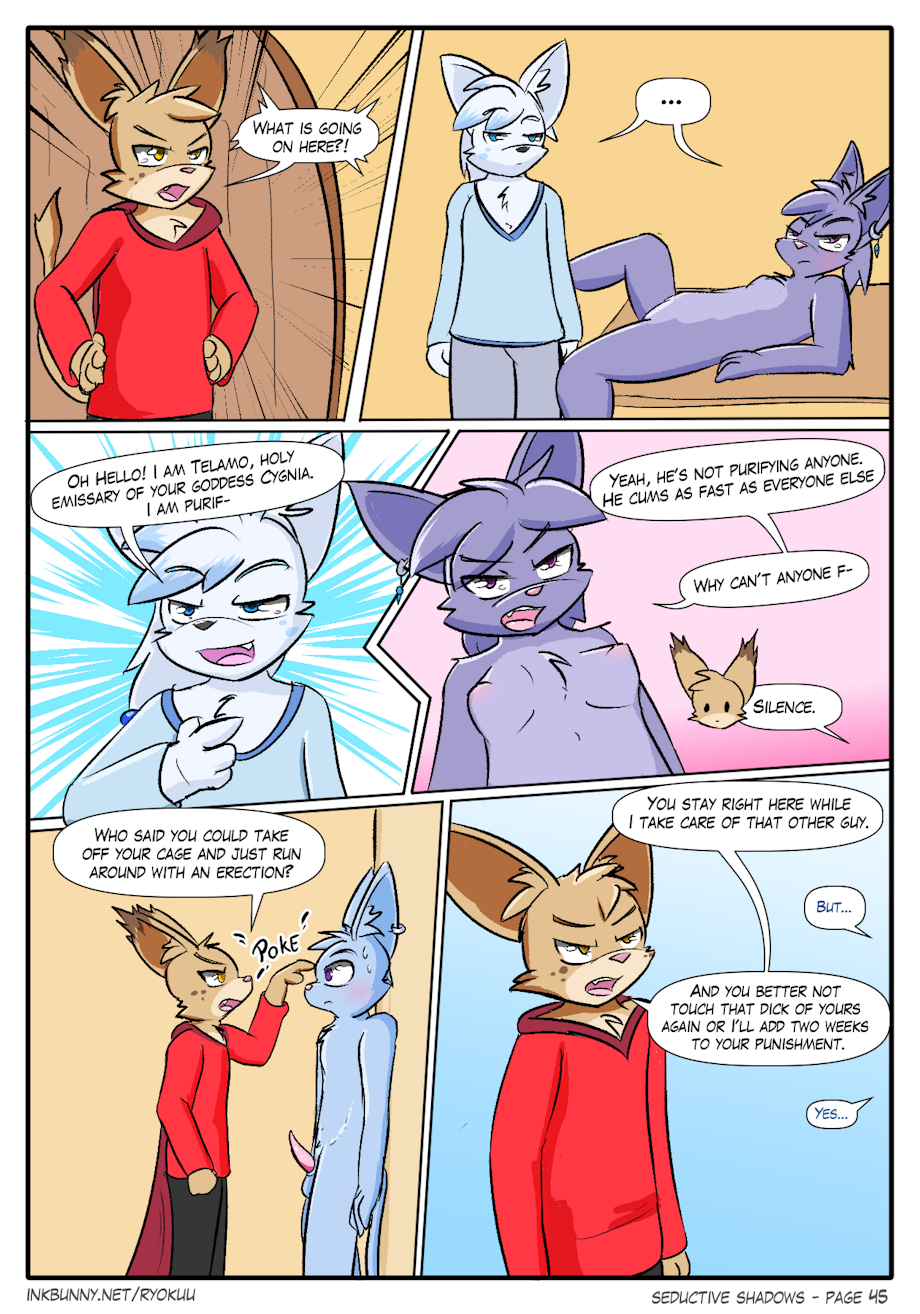 anthro blue_body blue_fur brown_body brown_fur clothed clothing comic comic_page conditional_dnp english_text erection felid female fur genitals group hi_res inkbunny_username male mammal nude page_45 page_number penis purple_body purple_fur ryoku ryoku_(character) vaatari