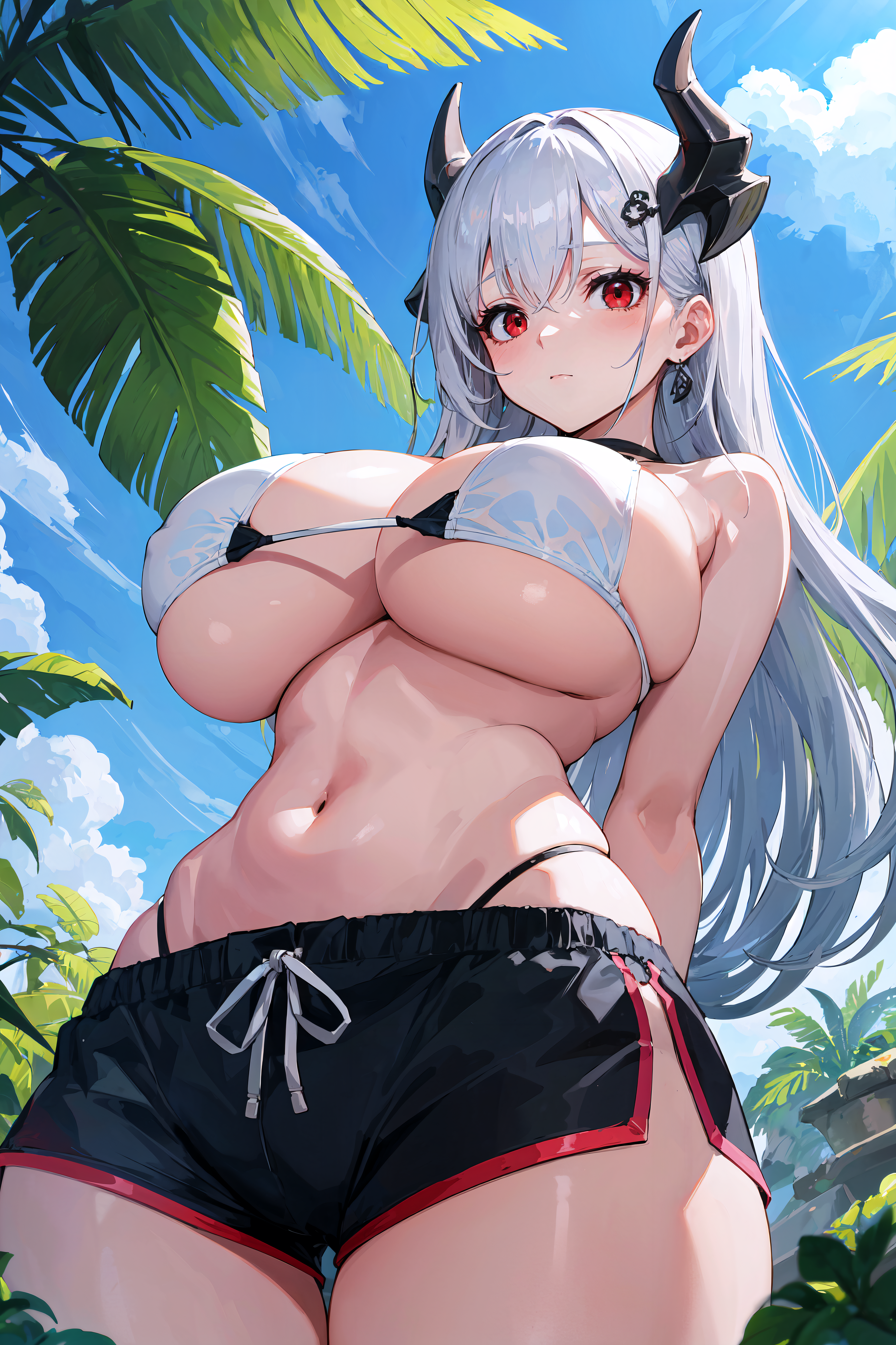 1girls, 2023, absurd res, ai generated, anime nose, breasts, breasts bigger than head, cleavage, clothed female, curvaceous, curvy body, curvy female, curvy figure, female, horned female, horned humanoid, horns, huge breasts, long hair, red eyes, solo female, stable diffusion, thong straps, voluptuous, voluptuous female, white hair
