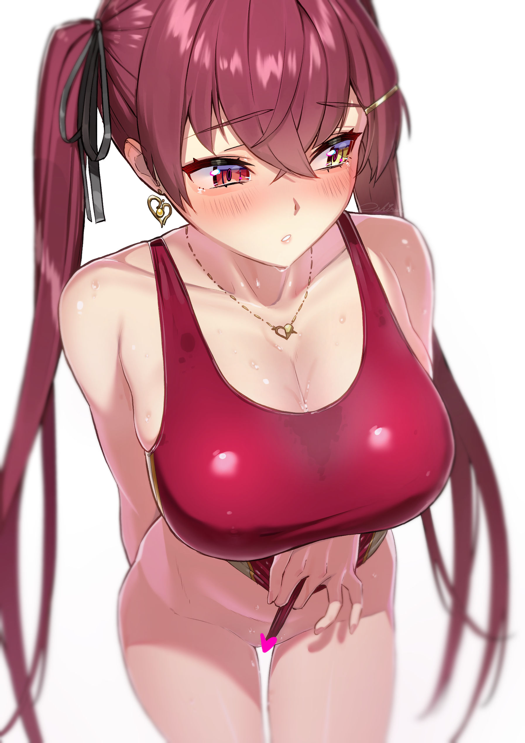 1girls, 2021, absurdres, arm behind back, black ribbon, blush, breasts, censored, cleavage, clothes pull, earrings, eyebrows visible through hair, female, female focus, female only, from above, hair ornament, hair ribbon, hairclip, heart, heart earrings, heart necklace, highres, hololive, hololive fantasy, hololive japan, houshou marine, jewelry, large breasts, looking to the side, one piece swimsuit, oshiruko (oshiruco 212048), parted lips, raised eyebrows, red eye, red hair, red swimsuit, ribbon, simple background, solo, solo female, swimsuit, swimsuit pull, twintails, virtual youtuber, wedgie, white background, yellow eye