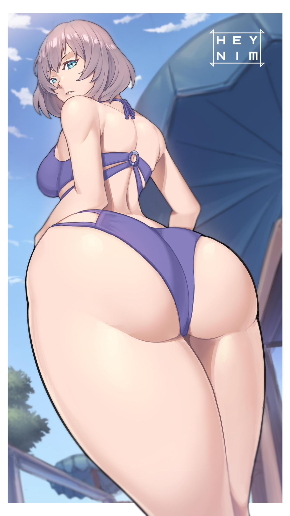 1girls, 2021, ass, ass focus, beach umbrella, big ass, breasts, cyan eyes, female, female focus, female only, heynim, looking at viewer, looking back, looking down, low-angle view, mujina, purple bikini, purple bikini bottom, purple bikini top, purple swimsuit, purple swimwear, solo, solo female, ssss.dynazenon, swimsuit, swimwear, umbrella