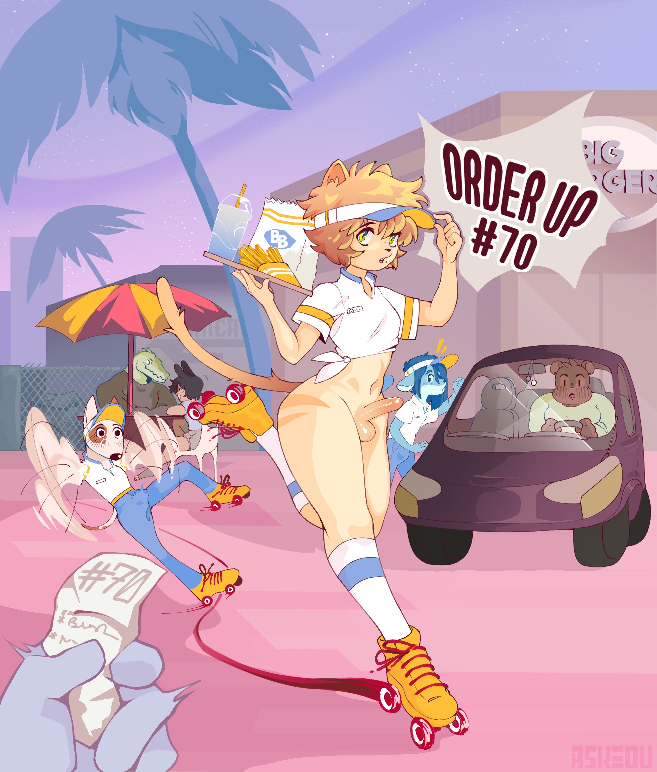 6boys, anthro, askeou, balls, bottomless, clothed, clothing, detailed background, erection, fast food, fast food uniform, feline, femboy, furry, humanoid penis, male, male only, partially clothed, penis, public, public nudity, roller skates, small penis, squatting, text, thick thighs, waiter, wide hips