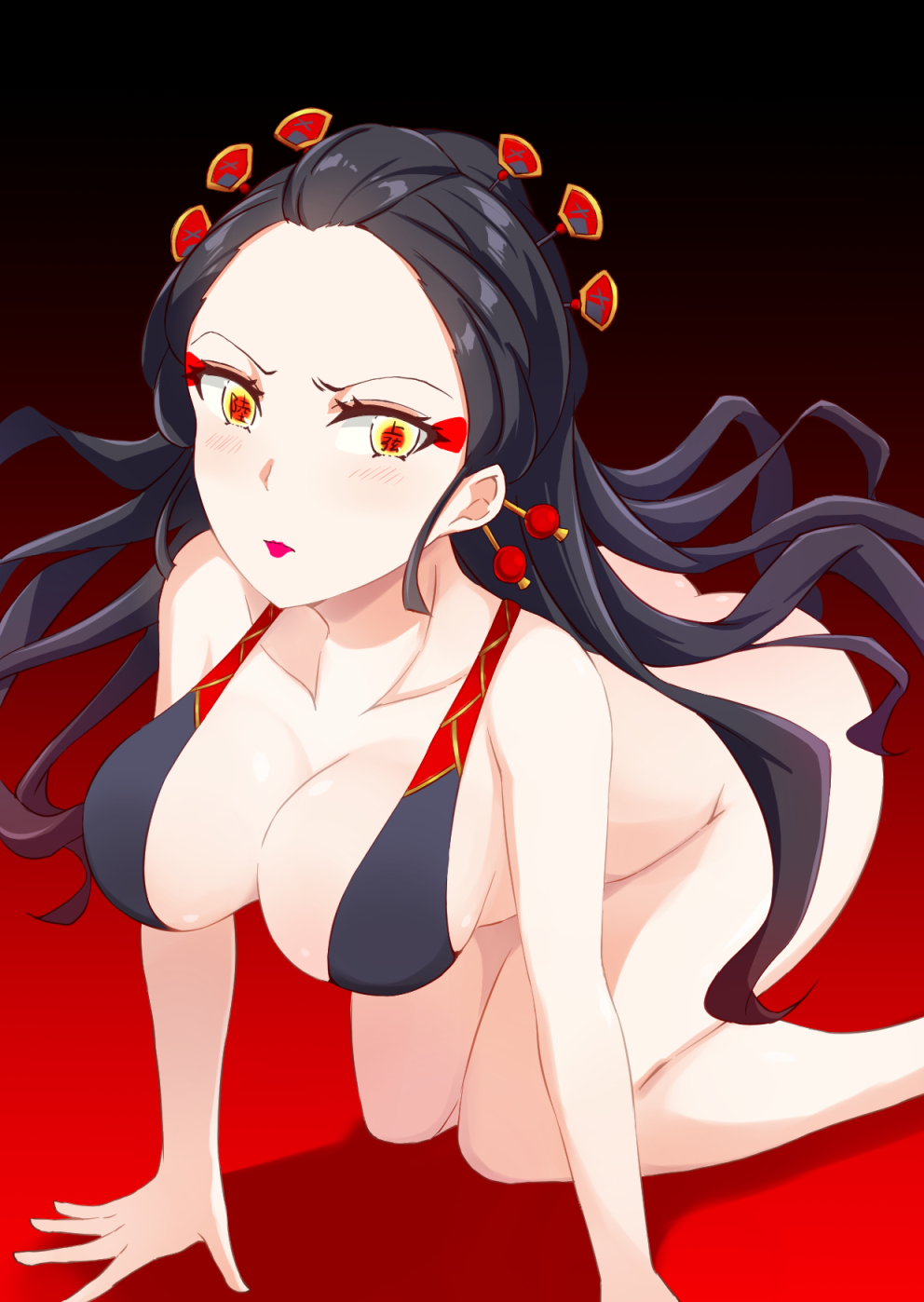 all fours, big breasts, bikini, bikini top, black bikini top, black hair, blush, bottomless, breasts, cleavage, daki (kimetsu no yaiba), demon, demon girl, demon slayer, embarrassed, eyeshadow, female, female only, gradient background, hair ornament, kimetsu no yaiba, light skin, light-skinned female, long hair, looking away, makeup, multicolored eyes, pale skin, pale-skinned female, red background, red lipstick, solo, urahushigi