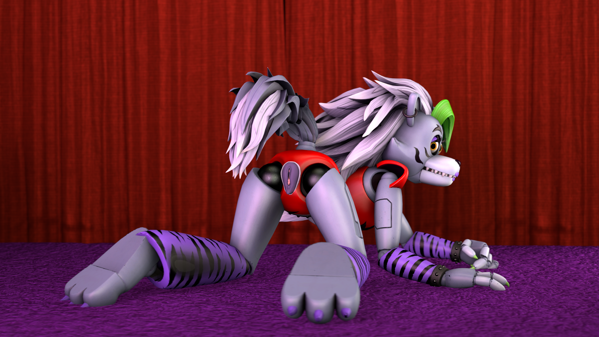 16:9, 1girls, 2021, 3d, accurate art style, animatronic, anthro, ass, clitoris, clothing, digital media (artwork), doggy style, female, female only, five nights at freddy's, five nights at freddy's: security breach, fluffy tail, from behind, furry, glitched securitron, grey fur, half naked, hi res, lipstick, looking at viewer, looking back, multicolored hair, painted nails, paws, piercing, presenting, presenting ass, presenting pussy, pussy, robot, roxanne wolf (fnaf), solo, tail, video games, wolf, yellow eyes