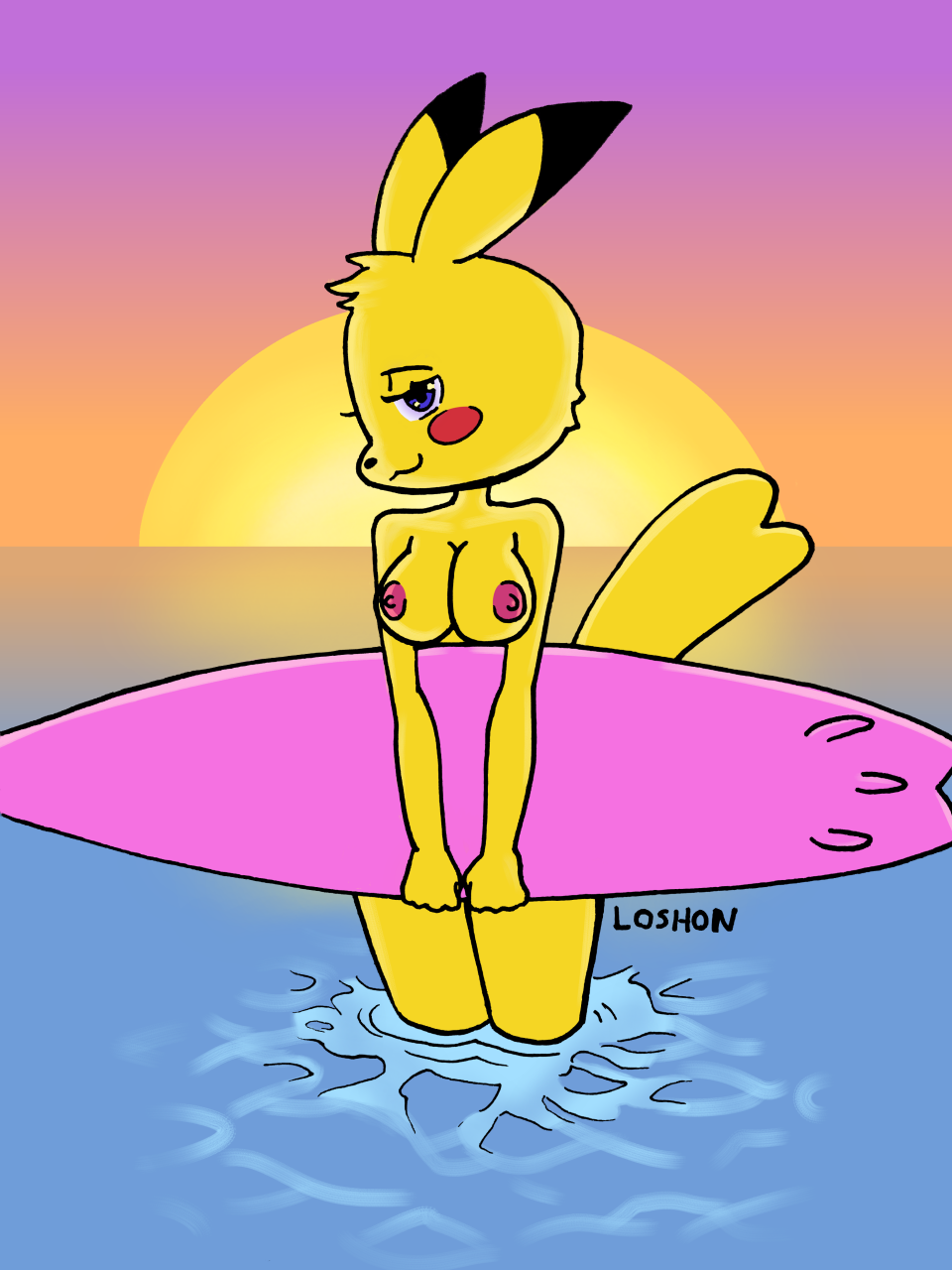 2019 anthro biped blush breasts female fur hair hi_res looking_at_viewer loshon mammal nintendo nipples nude outside pikachu pokémon_(species) pokemon seaside sky smile solo surfboard video_games water yellow_fur