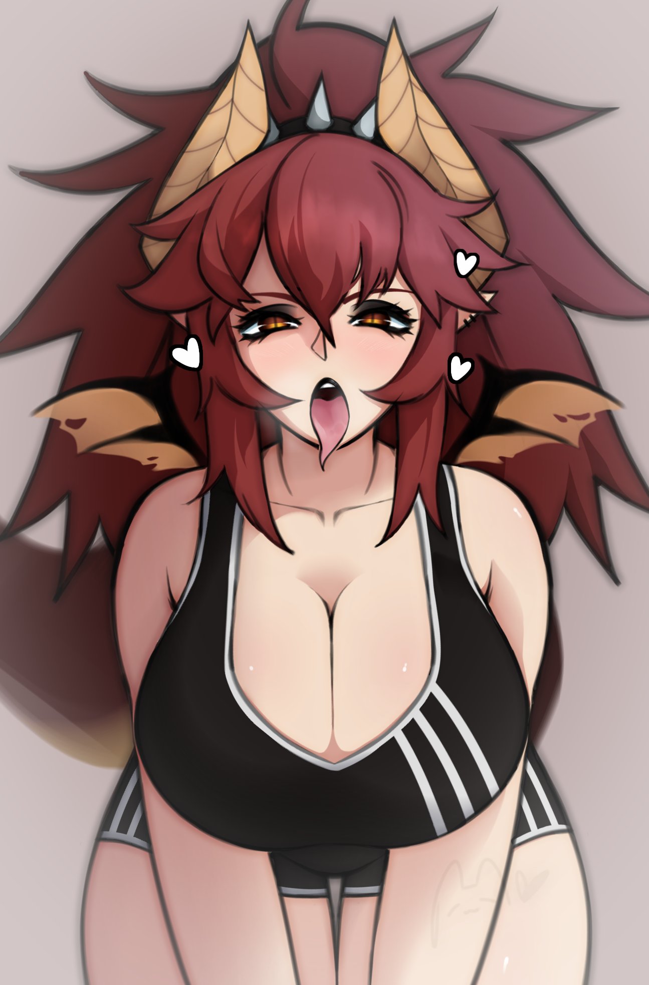 1girls, athletic, athletic shorts, black lipstick, blush, bottomwear, breasts, child bearing hips, cleavage, clothed female, covered breasts, dolphin shorts, dragon girl, ear piercing, female, female only, heart, horns, humanoid, large breasts, light skin, light-skinned female, looking at viewer, on knees, open mouth, pale skin, piercing, pointy ears, ponytail, projektmarsh, red hair, shorts, slit pupils, solo, solo female, solo focus, sports bra, sportswear, tail, thick thighs, tongue, tongue out, virtual youtuber, vshojo, wide hips, wings, yellow eyes, zentreya