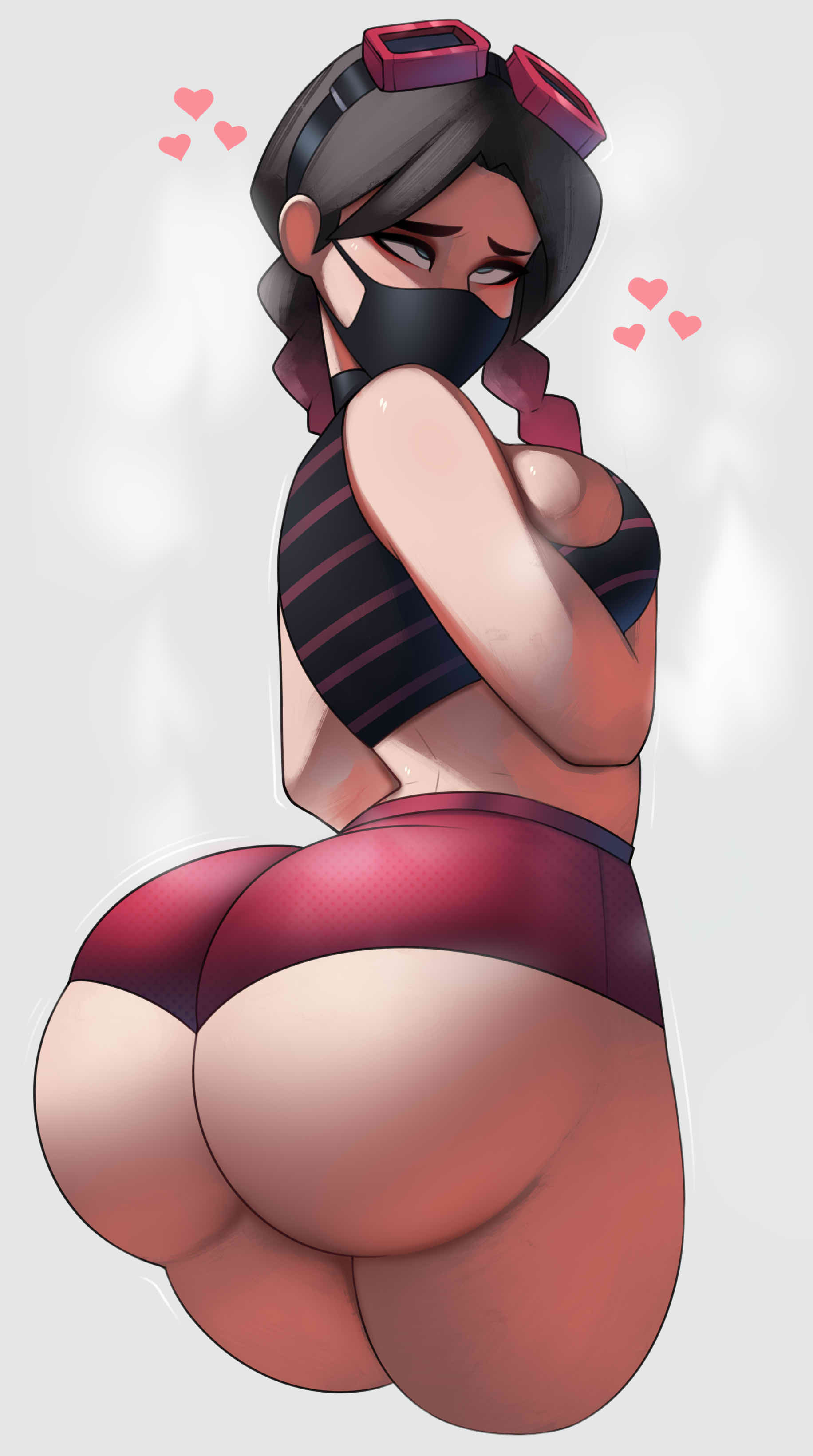 ahe_gao ass back_view beach_jules big_ass big_butt booty_shorts cleavage eyes_rolling_back facemask fortnite goggles goggles_on_head heart hearts hearts_around_head jules_(fortnite) large_ass mask postblue98 shorts simple_background solo solo_female twintails