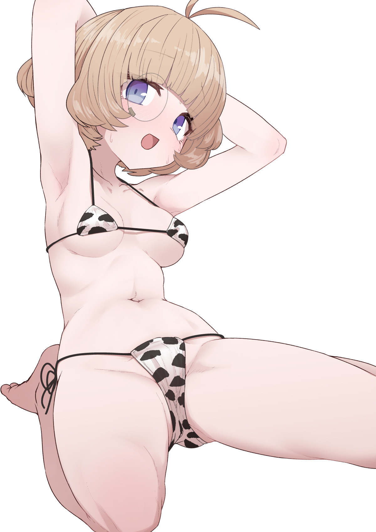 :d, 1girls, animal print, antenna hair, armpits, arms up, bangs, bare shoulders, bikini, blonde hair, blue eyes, blunt bangs, blush, breasts, collarbone, cow print, eyebrows visible through hair, female, full body, gluteal fold, halterneck, highres, looking at viewer, medium breasts, micro bikini, monocle, navel, on floor, open mouth, original, short hair, side-tie bikini, simple background, sitting, smile, solo, solo female, spread legs, string bikini, sumiyao (amam), sweat, swimsuit, wariza, white background