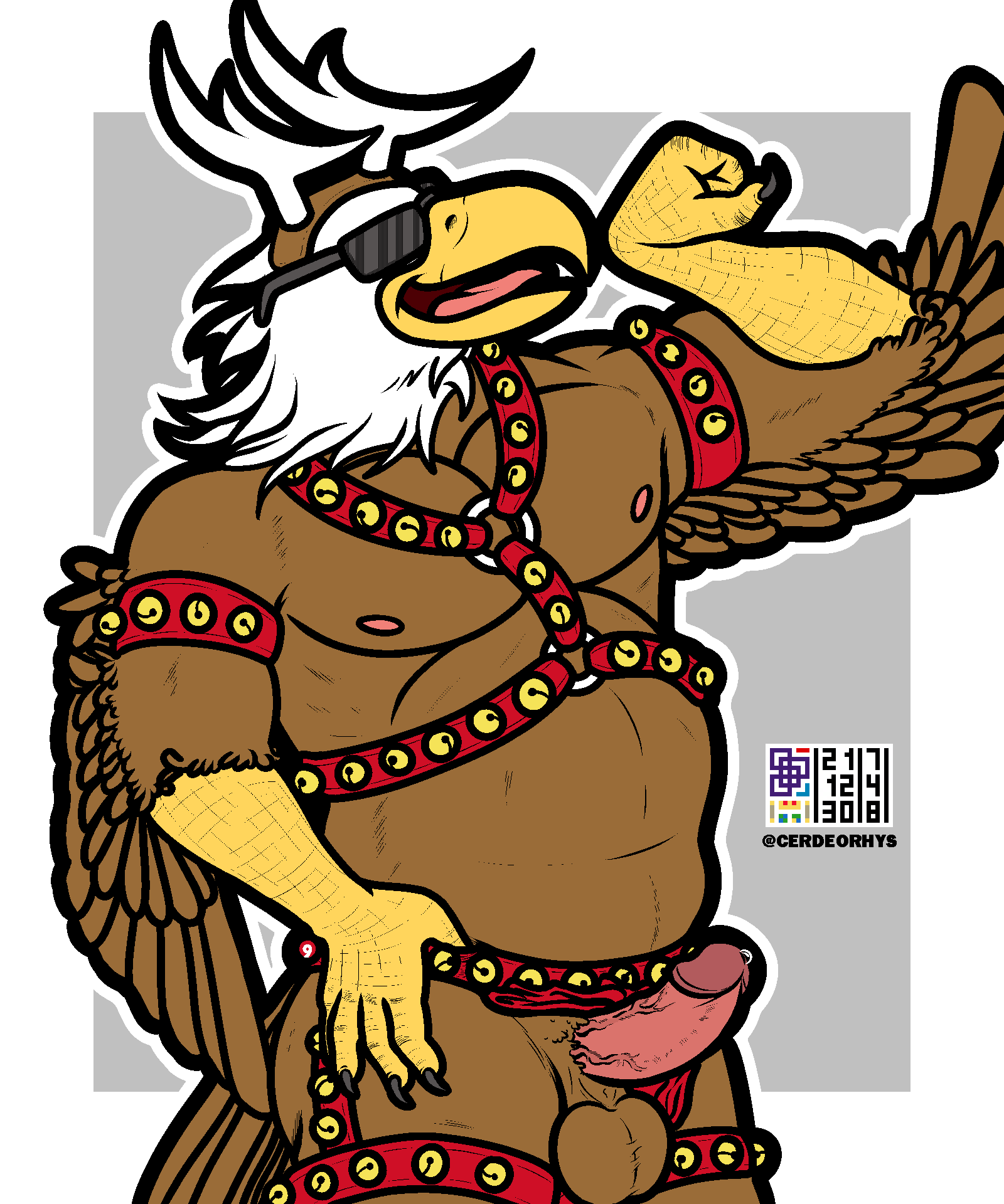 accipitrid accipitriform anthro antlers avian bald_eagle balls beak bell bell_harness bird bodily_fluids brown_body brown_feathers bulge cerdeorhys dripping eagle erection eyewear fake_antlers feathered_wings feathers genital_fluids genitals grey_background hand_on_hip harness hi_res horn humanoid humanoid_genitalia humanoid_penis jingle_bell jingle_bell_harness male nintendo penis pokémon_(species) pokemon pose precum precum_drip sea_eagle simple_background smile solo solo_focus solosis sunglasses tongue vein veiny_penis video_games white_body white_feathers wings yellow_beak yellow_body yellow_skin