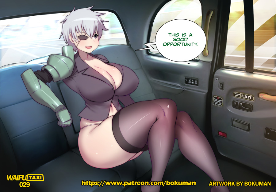 1girls adult akame_ga_kill! artist_name artist_signature ass belly big_breasts big_butt black_shirt blush bokuman breasts car cleavage english english_commentary english_text eye_patch feet_out_of_frame female female_only huge_breasts imminent_sex inside_car large_breasts light-skinned_female light_skin mature mature_female mechanical_arm najenda_(akame_ga_kill!) open_mouth prosthetic prosthetic_arm purple_eyes recording seductive shiny shiny_skin short_hair silver_hair sitting smile solo solo_female solo_focus stomach talking talking_to_another taxi text thick_ass thick_thighs thighhighs thighs tight_clothes tight_clothing tomboy vehicle vehicle_interior