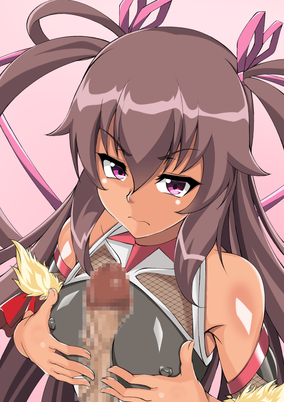 1boy annoyed bare_shoulders breast_squeeze breasts brown_hair censored covered_nipples dark-skinned_female dark_skin female fishnets hair_ribbon highres looking_at_viewer mizuki_yukikaze mosaic_censoring naizuri naizuri_over_clothes paizuri parapetto penis purple_eyes ribbon taimanin_(series) taimanin_asagi taimanin_suit taimanin_yukikaze