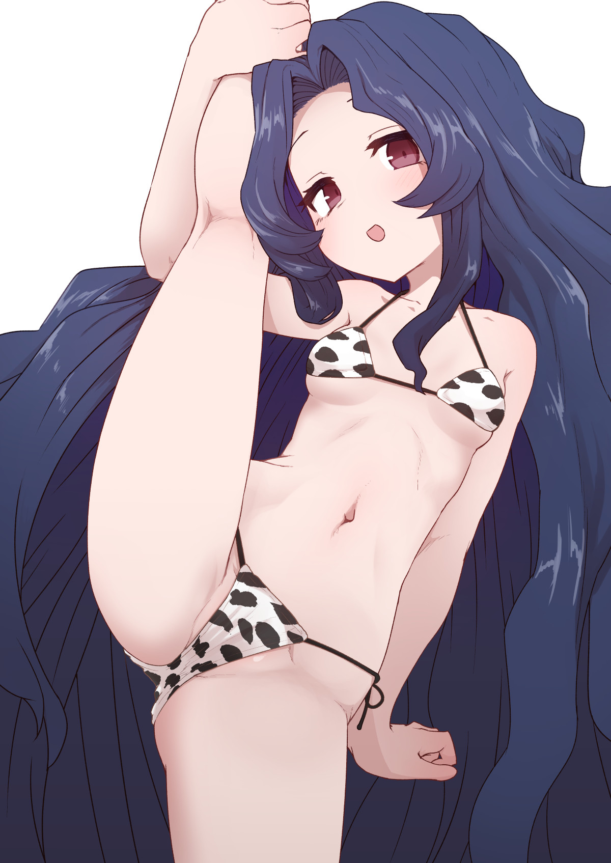 :d, 1girls, animal print, arm support, bangs, bare shoulders, bikini, blue hair, blush, breasts, collarbone, cow print, cowboy shot, female, female only, halterneck, highres, holding leg, kneepits, leg up, long hair, micro bikini, navel, open mouth, original, parted bangs, purple eyes, side-tie bikini, sidelocks, simple background, skindentation, small breasts, smile, solo, solo female, split, standing, standing on one leg, standing split, string bikini, sumiyao (amam), swimsuit, vertical splits, very long hair, white background