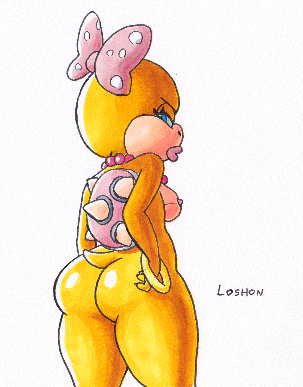 2020 anthro ass big_butt biped breasts curvy_figure female hi_res jewelry koopa koopaling lips looking_at_viewer looking_back loshon mario_(series) marker_(artwork) nintendo nipples non-mammal_breasts nude open_mouth reptile ribbons scalie shell side_boob simple_background solo spikes thick_thighs traditional_media_(artwork) turtle video_games voluptuous wendy_o._koopa white_background wide_hips