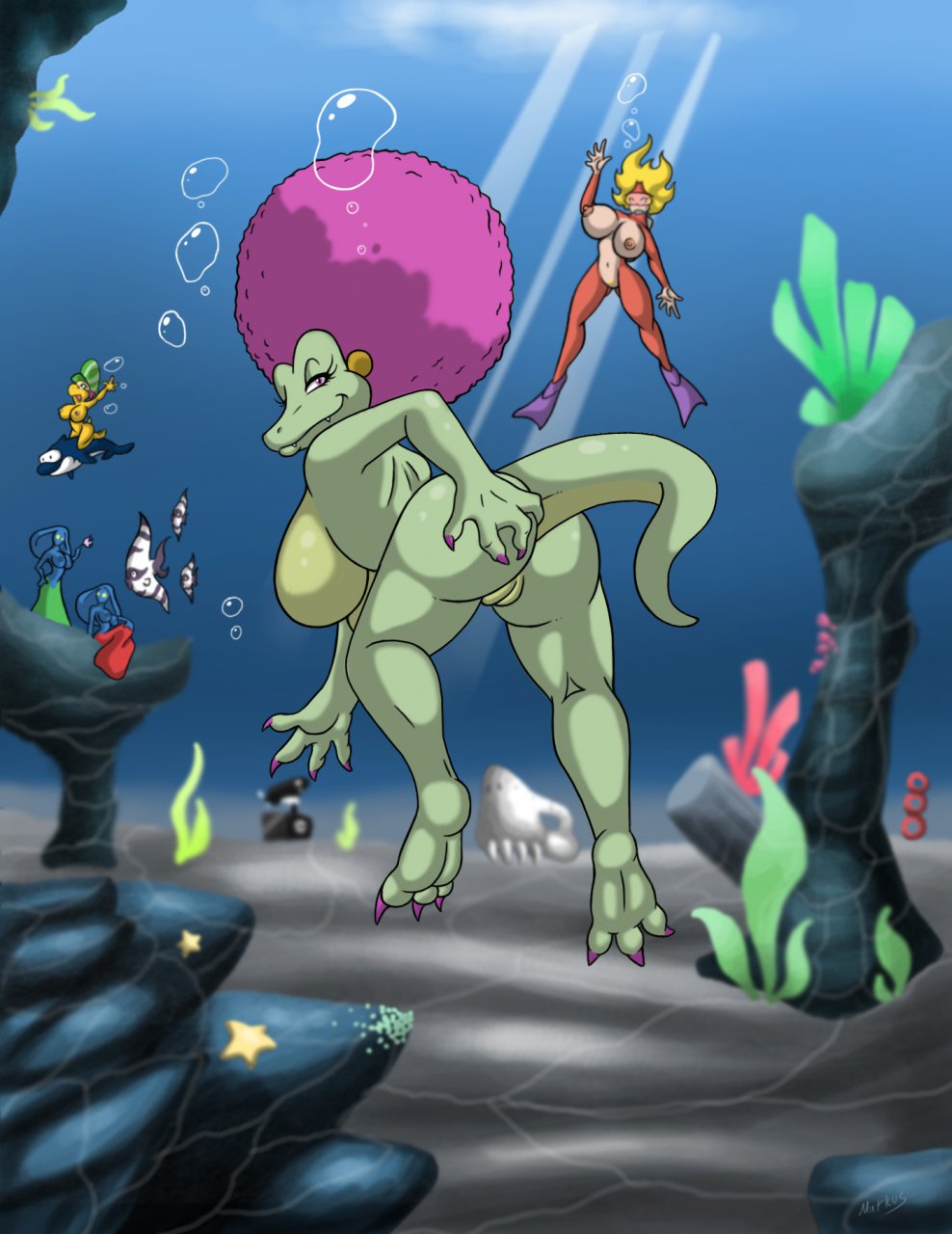 5girls afro anthro ape areola ass backboob bent_over blonde_hair breasts brown_fur candy_kong claws color crossover dolphin_(mario) donkey_kong_(series) exposed_breasts eyelashes female fur furry gigi_(mario) hair hat huge_breasts jellyfish_sisters kalypso kong koopa kremling kylie_koopa lordstevie magenta_hair mario_(series) mario_and_luigi_(series) merri_(mario) multiple_females nintendo nipples nudity pink_hair plump_labia presenting primate pussy smooth_skin super_mario_world tail toe_claws topless torpedo_ted underwater vulva