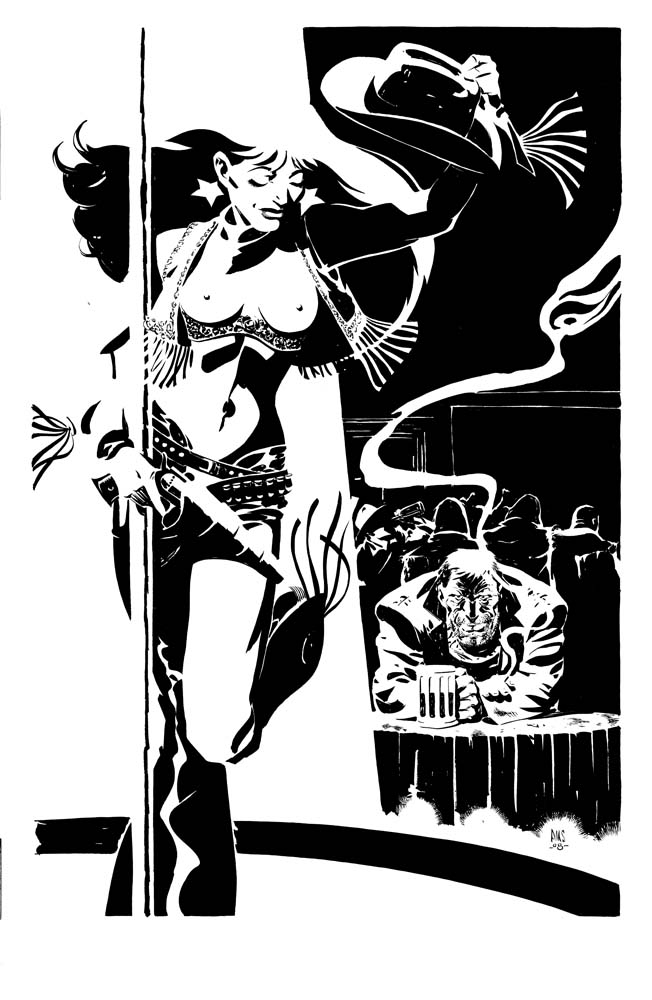 breasts cowgirl_outfit dark_horse female male marv monochrome nancy_callahan paul_smith sin_city stripper_pole topless