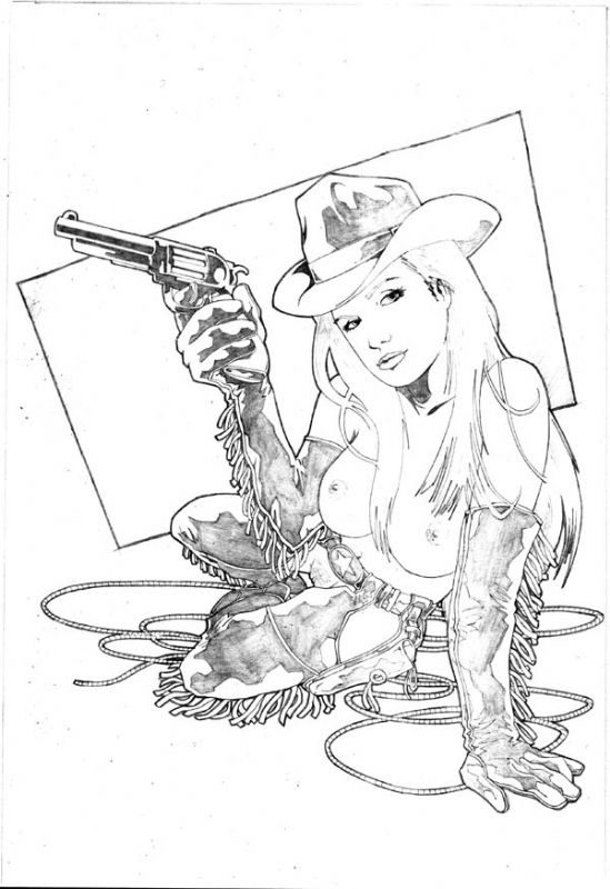 1girls arm_support belt breasts chaps cowboy_hat dark_horse elbow_gloves female female_only gloves gun gun_holster hat holding_object holding_weapon human jason_baroody lasso long_hair looking_at_viewer monochrome nancy_callahan nipples pose pussy revolver rope sin_city solo solo_female tagme topless