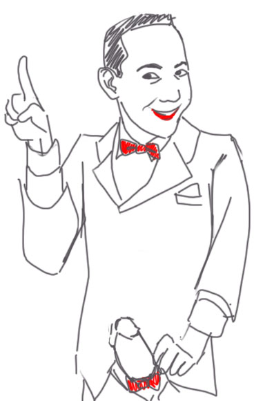 bowtie erection grin kristal male_only number_one_gesture open_fly paul_reubens pee-wee's_playhouse pee-wee_herman penis_out thick_penis tied_penis