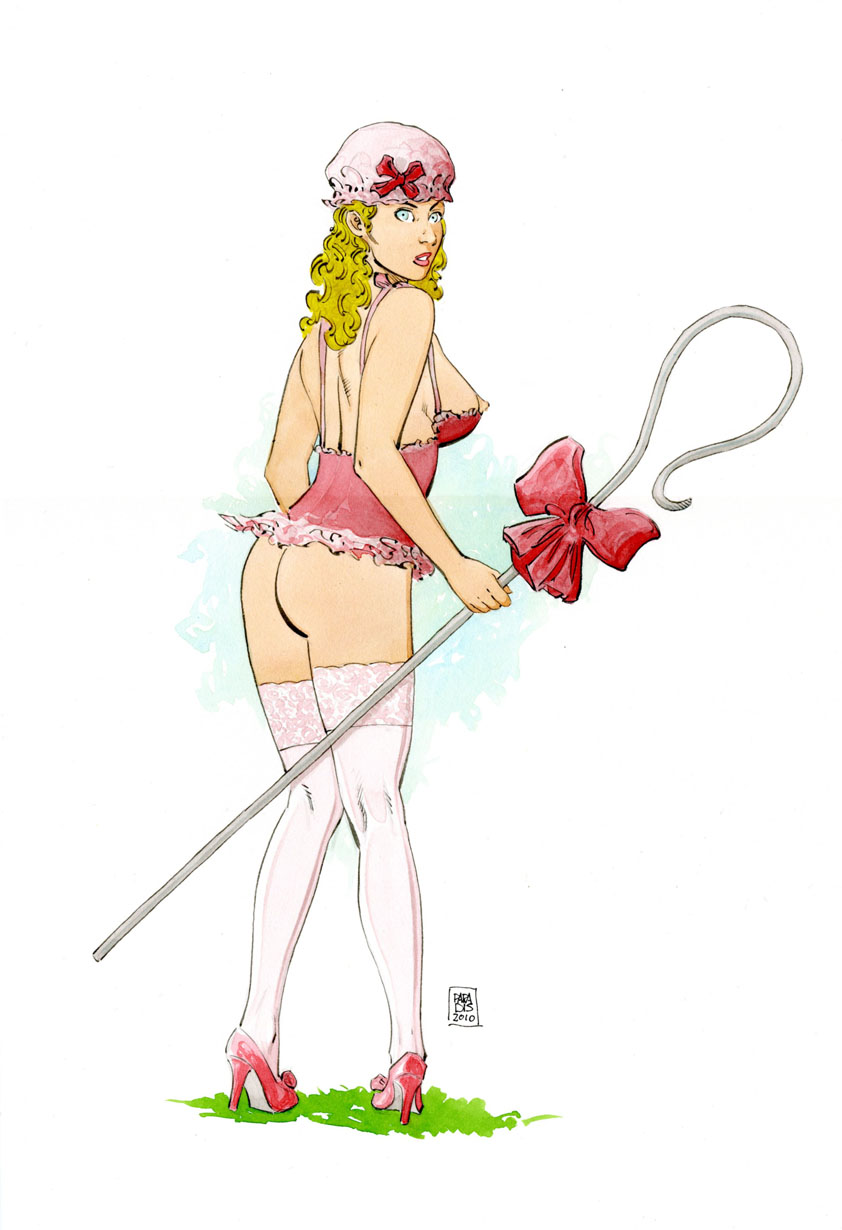 10s 1girls 2000s_and_2010s_style 2010 2010s ass blonde_hair blue_eyes bo_peep bottomless fairy_tales female female_only from_behind full_body high_heels knees_together_feet_apart lingerie literature little_bo_peep long_hair looking_to_the_side louis_paradis medium_breasts mob_cap nipples_outside nursery_rhyme parted_lips pink_cap pink_headwear public_domain pumps red_bow red_footwear red_high_heels red_shoes shoes simple_background solo staff standing stockings tagme thighhighs viewed_from_behind white_background